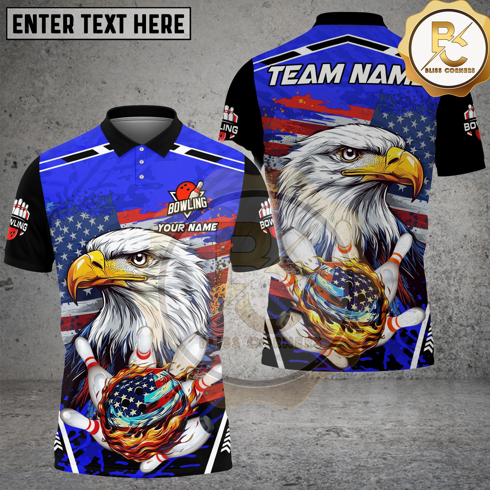 Blisscorners Bowling Patriotic Eagle Flaming Strike Multicolor Options Personalized Name, Team Name 3D Shirt (4 Colors)