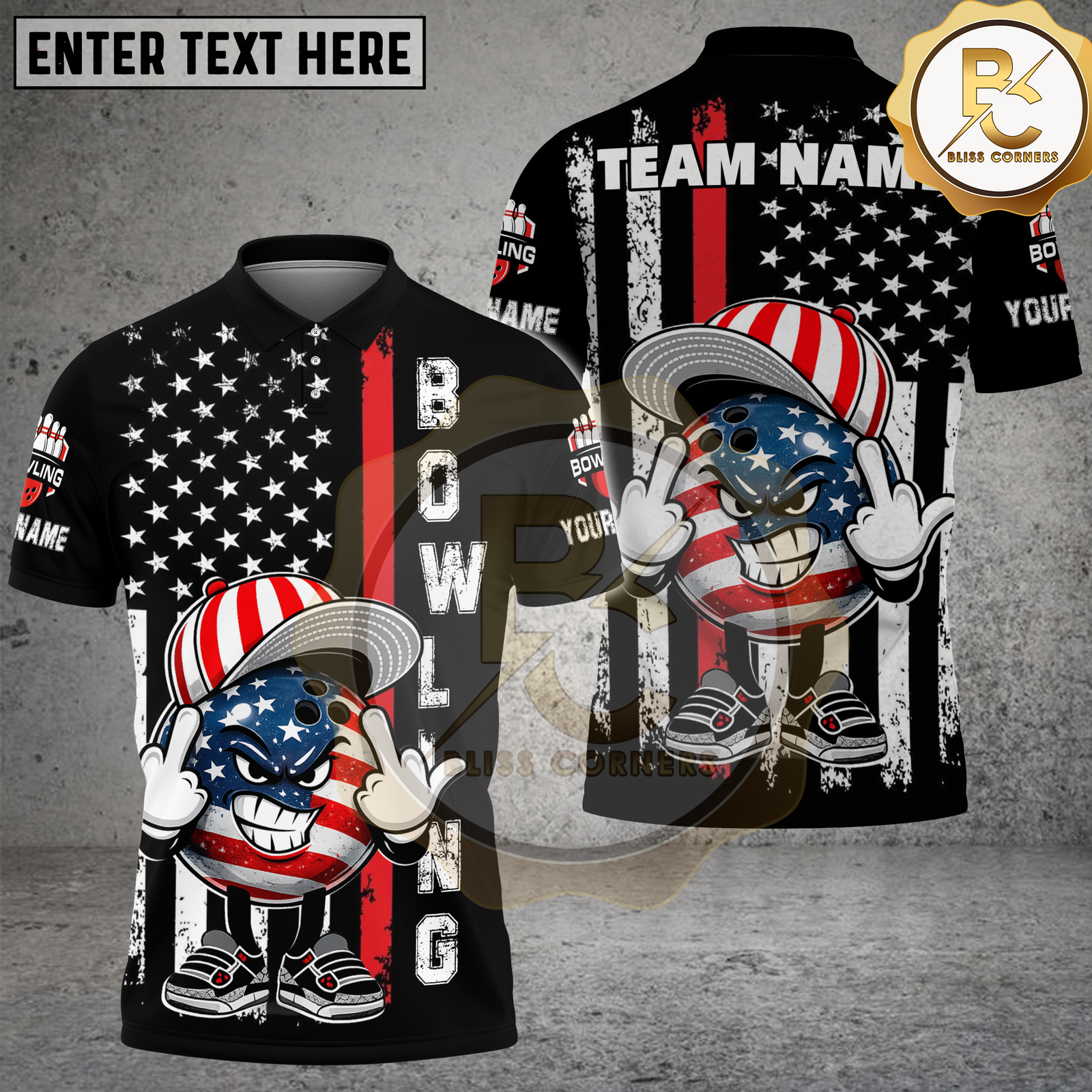 Blisscorners Bowling USA Flag Angry Bowling Ball Cartoon Multicolor Options Personalized Name, Team Name 3D Shirt (4 Colors)