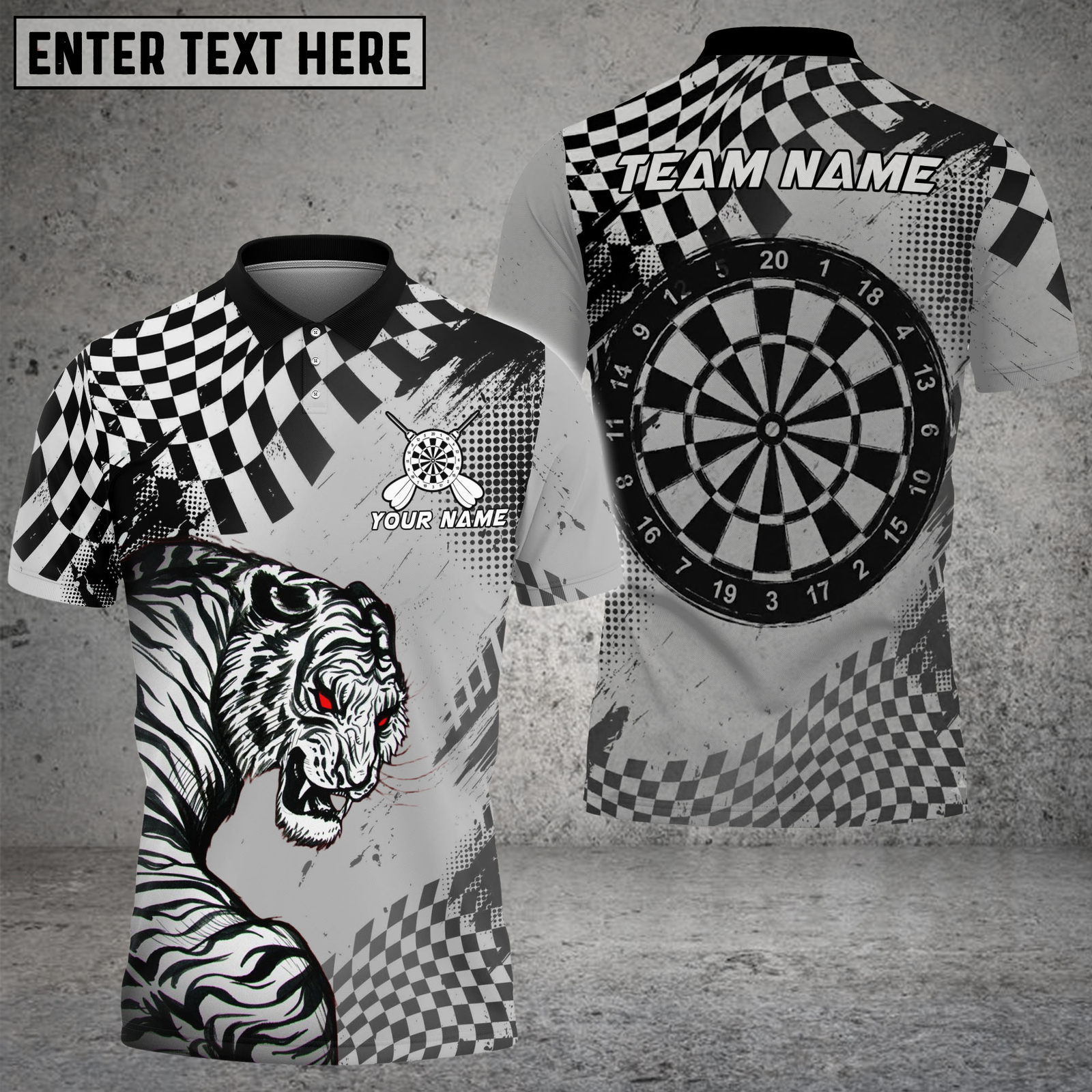 Blisscorners White Tiger Darts Checkered Pattern Multicolor Options Personalized Name, Team Name 3D Shirt (4 Colors)