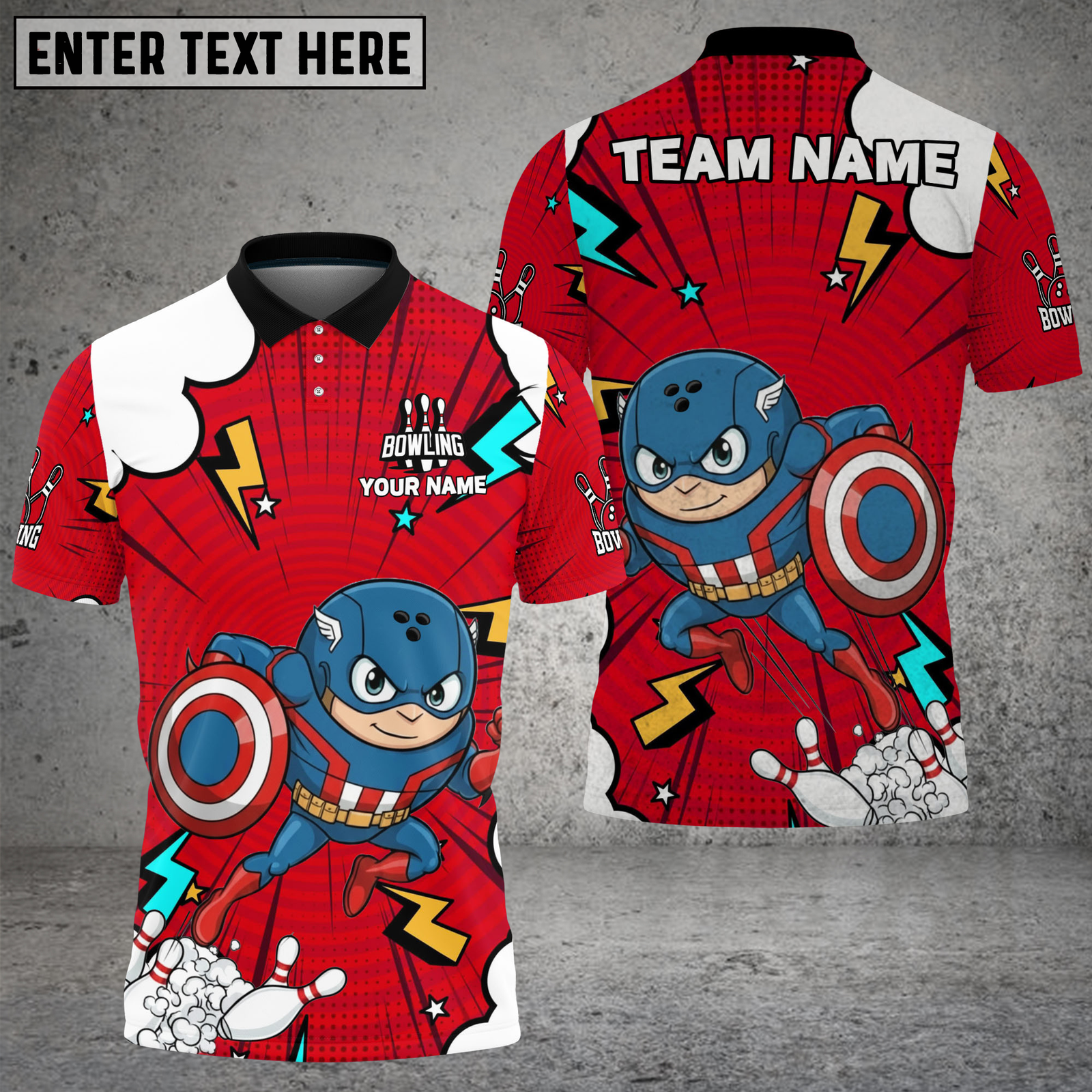 Blisscorners Bowling Shield Hero Action Cartoon Multicolor Options Personalized Name, Team Name 3D Shirt (4 Colors)