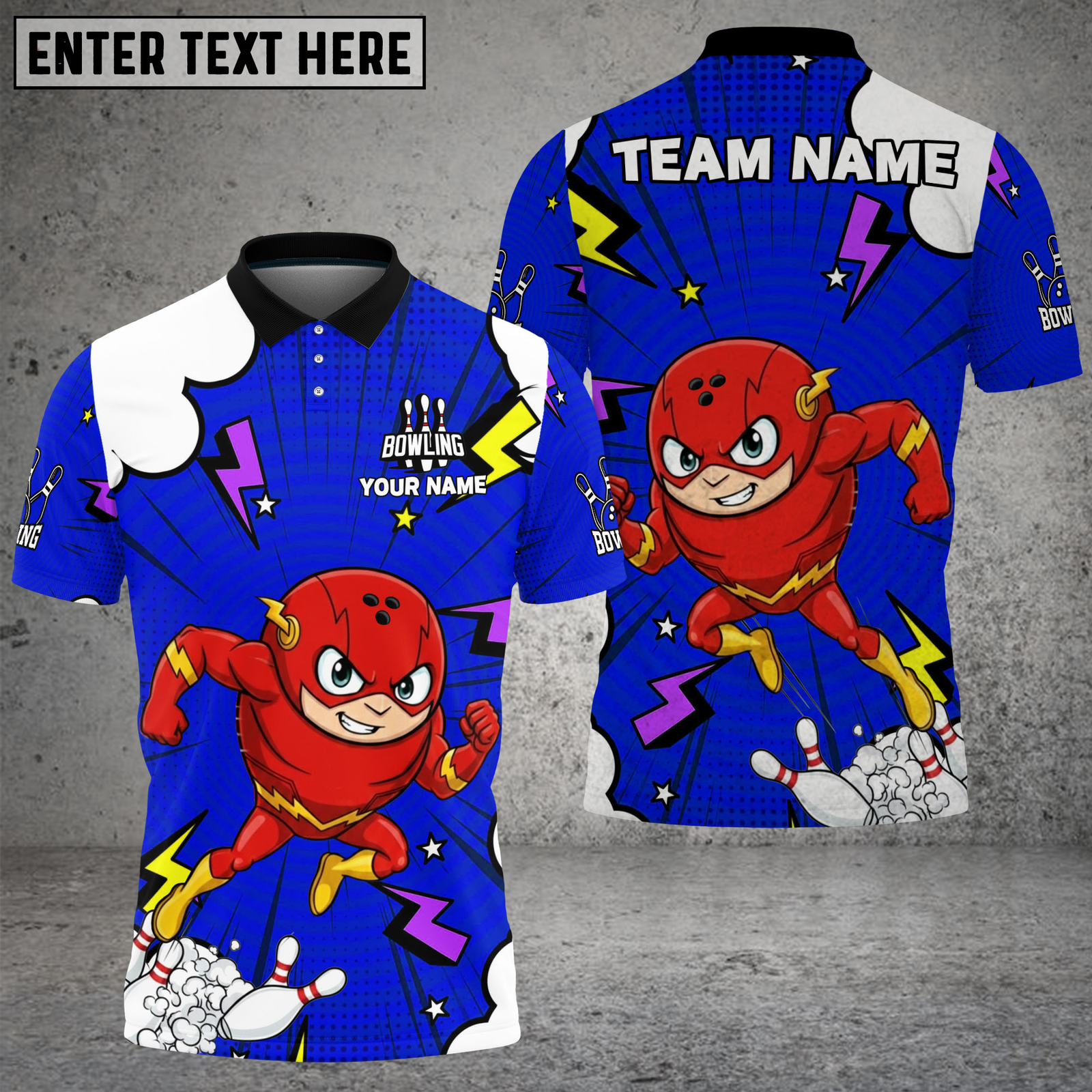 Blisscorners Bowling Speed Hero Lightning Cartoon Multicolor Options Personalized Name, Team Name 3D Shirt (4 Colors)