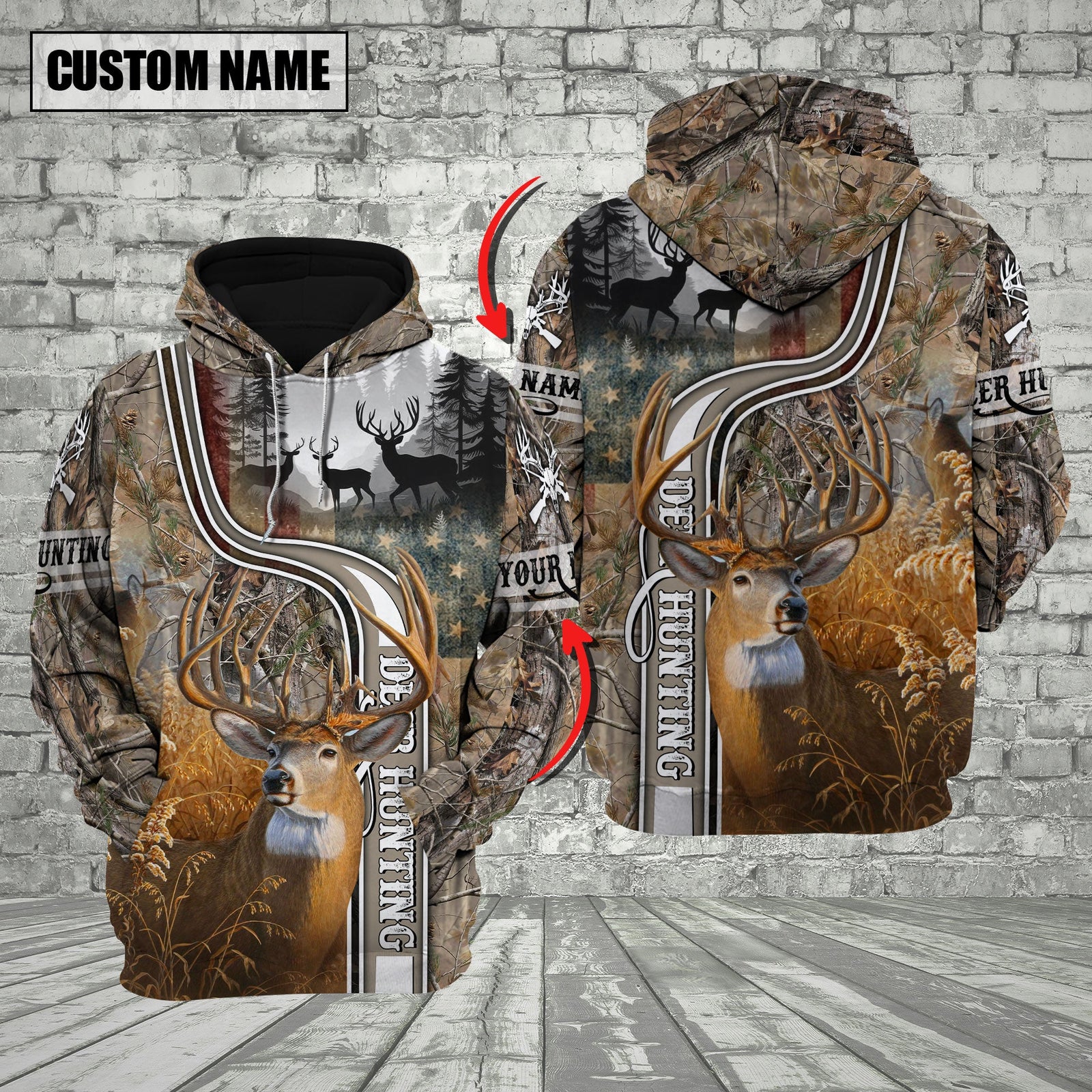 Blisscorners Deer Hunting Forest Camouflage Buck Scene Multicolor Options Personalized Name, Team Name 3D Hoodie