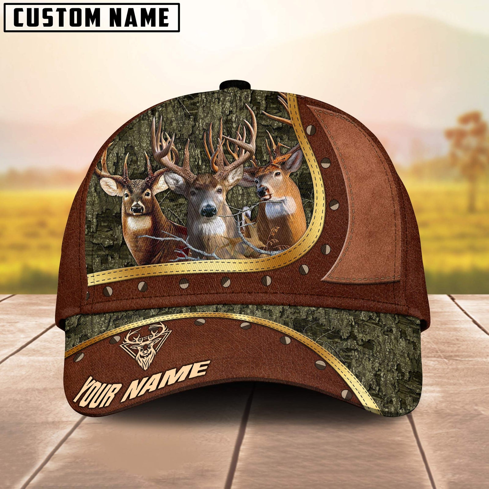 Blisscorners Triple Buck Bark Camo Leather Studded Accents Multicolor Options Personalized Name 3D Cap