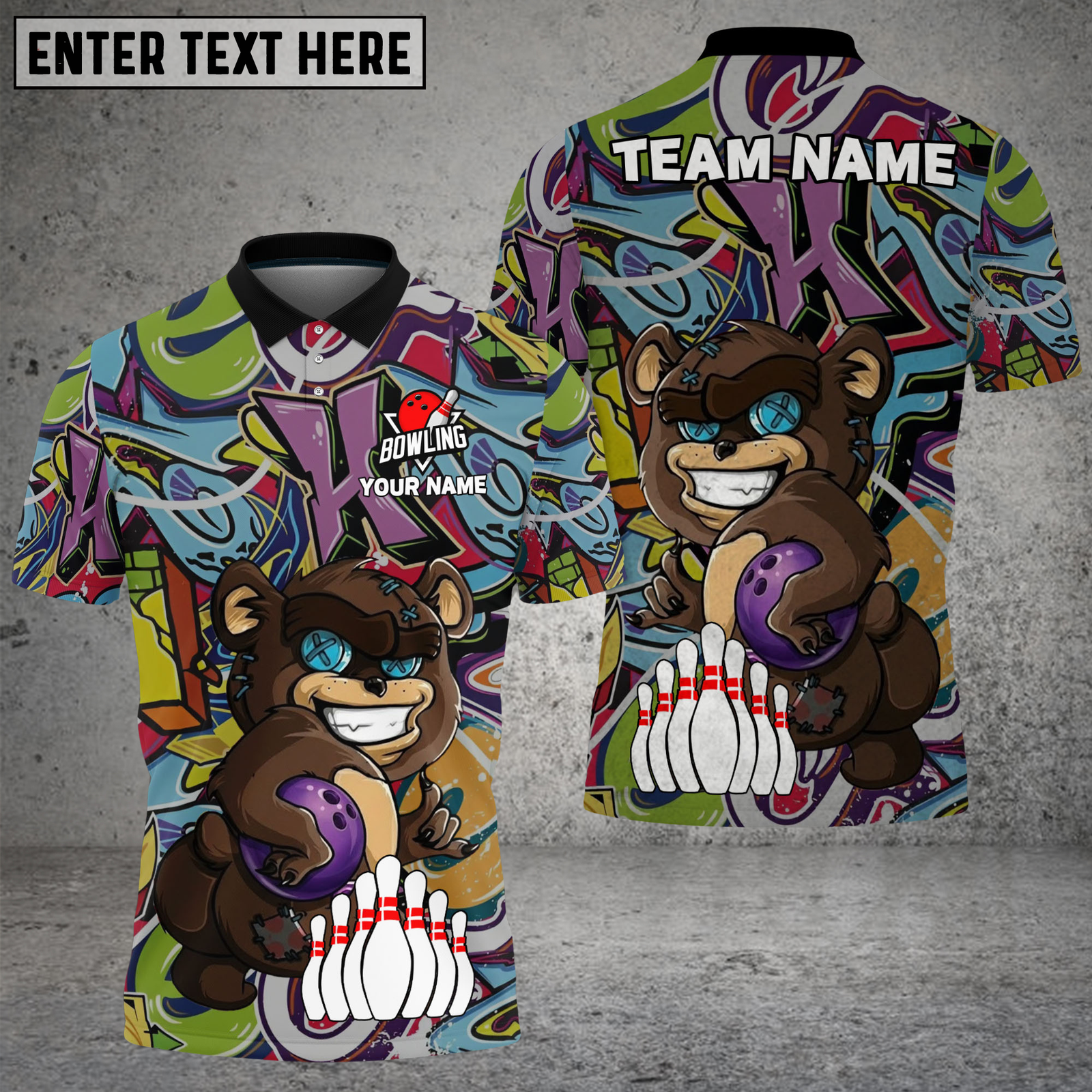 Blisscorners Bowling Bear Cartoon Graffiti Style Multicolor Options Personalized Name, Team Name 3D Shirt (4 Colors)