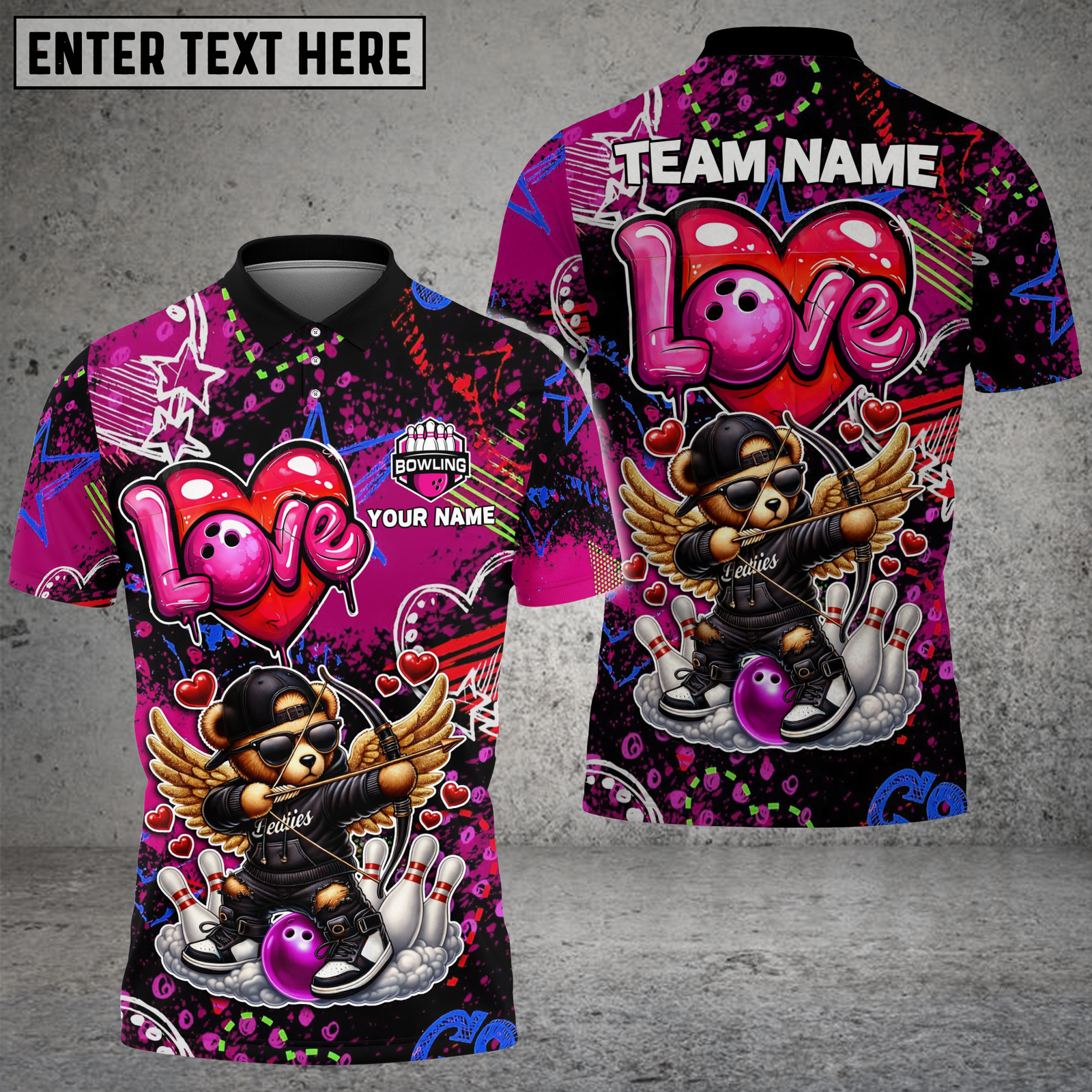 Blisscorners Bowling Cupid Bear Winged Character Multicolor Options Personalized Name, Team Name 3D Shirt (4 Colors)