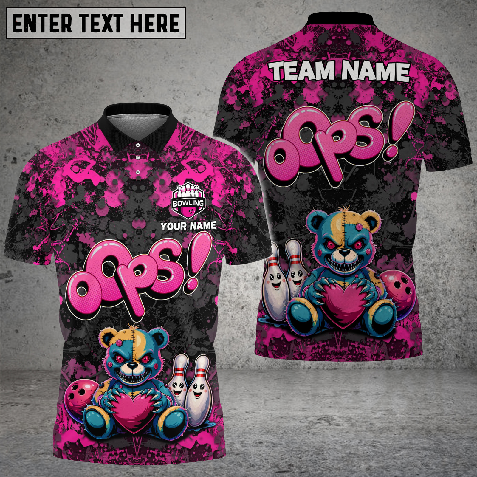 Blisscorners Bowling Oops Teddy Bear Cartoon Multicolor Options Personalized Name, Team Name 3D Shirt (4 Colors)