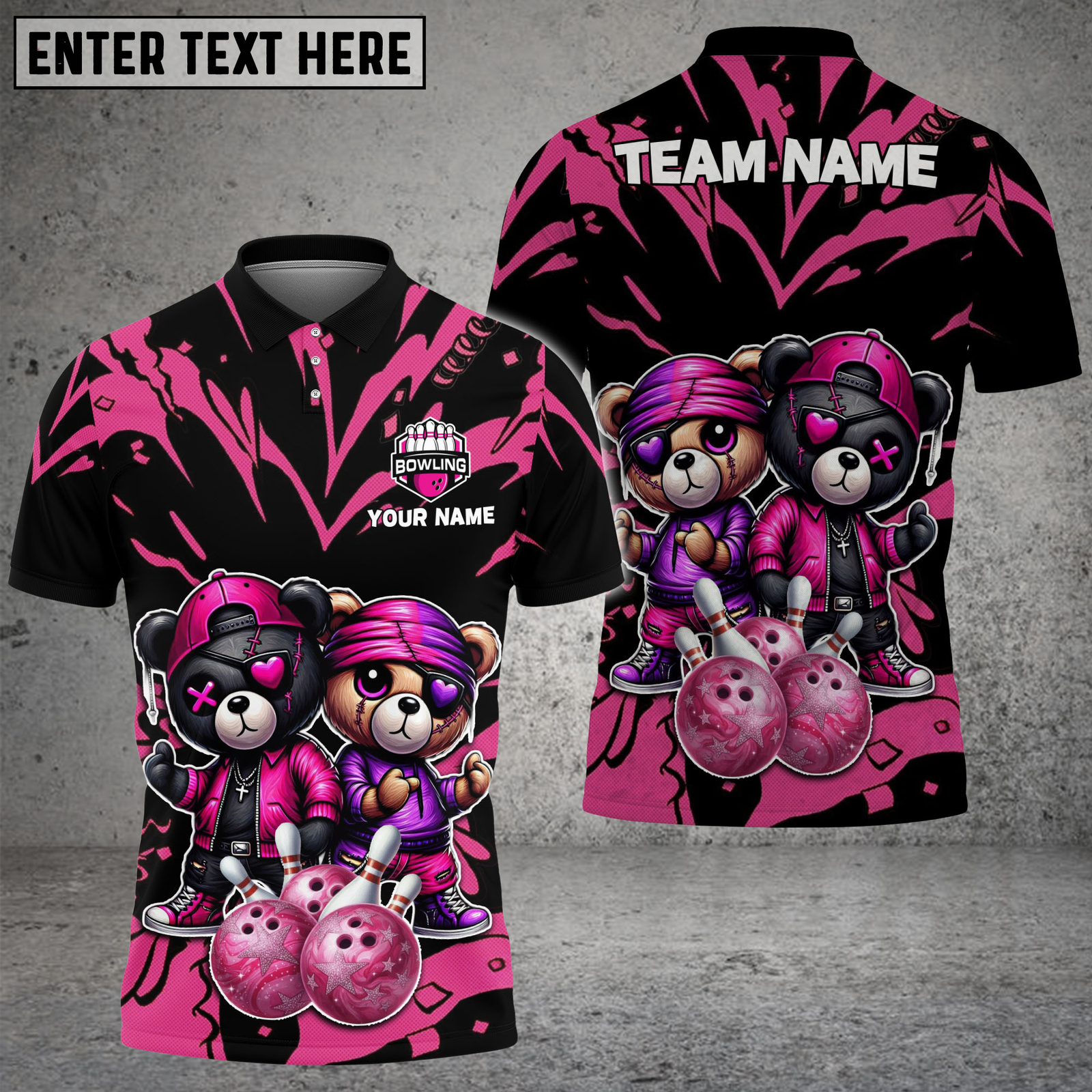 Blisscorners Bowling Teddy Couple Street Style Multicolor Options Personalized Name, Team Name 3D Shirt (4 Colors)