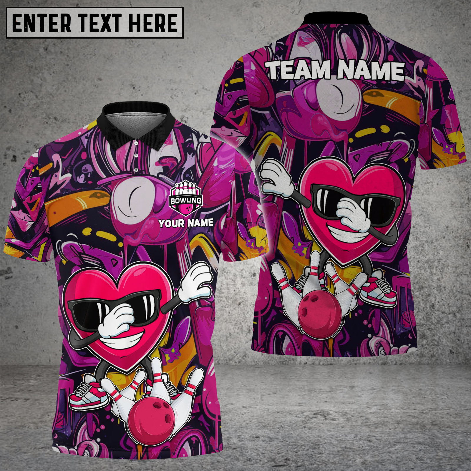 Blisscorners Bowling Cool Heart Graffiti Character Multicolor Options Personalized Name, Team Name 3D Shirt (4 Colors)