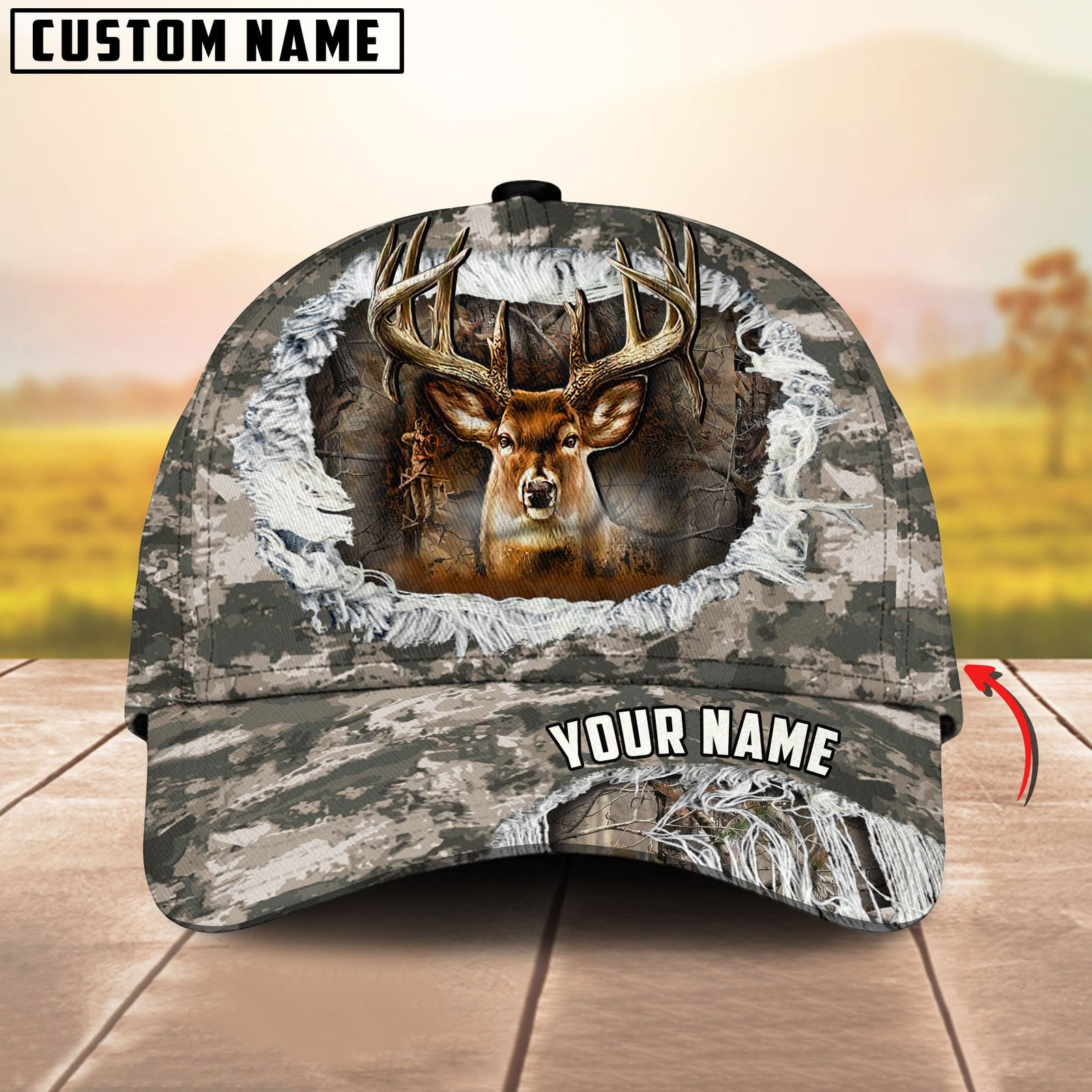 Blisscorners Deer Hunter Torn Camo Big Antlers Multicolor Options Personalized Name 3D Cap