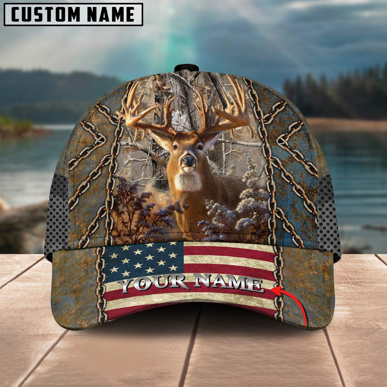 Blisscorners Deer Hunting Cap Rustic Chains Themed American Flag Design Multicolor Options Personalized Name 3D Cap