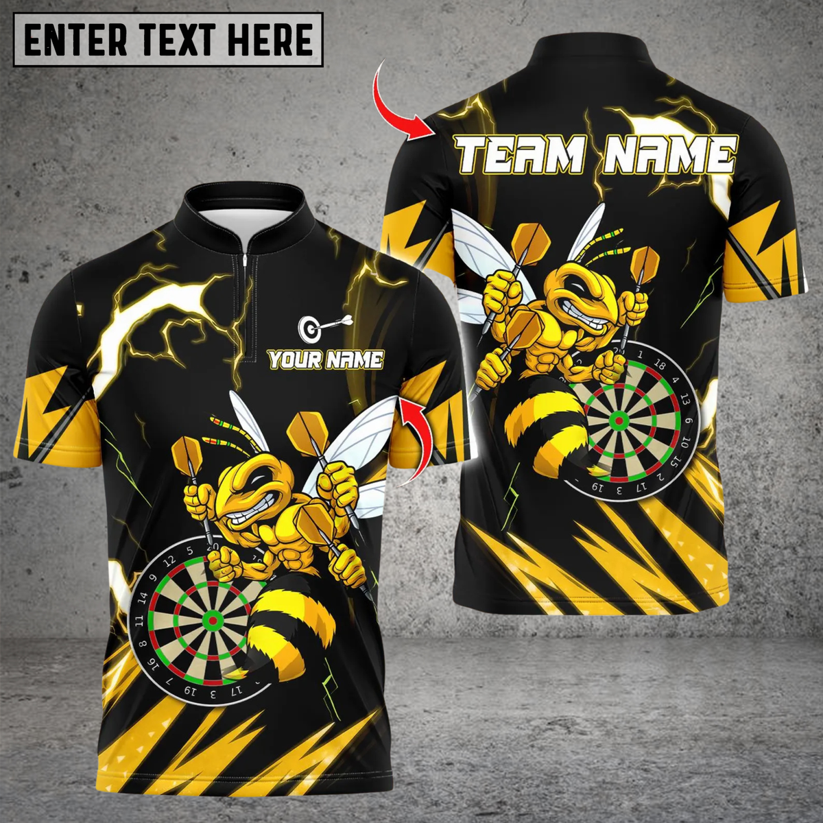 Blisscorners Personalized Name Dart Polo Shirt, Yellow Hornet Power With Thunder Dartboard Design ,Custom Team Shirt for Men, Gift for Darts Players