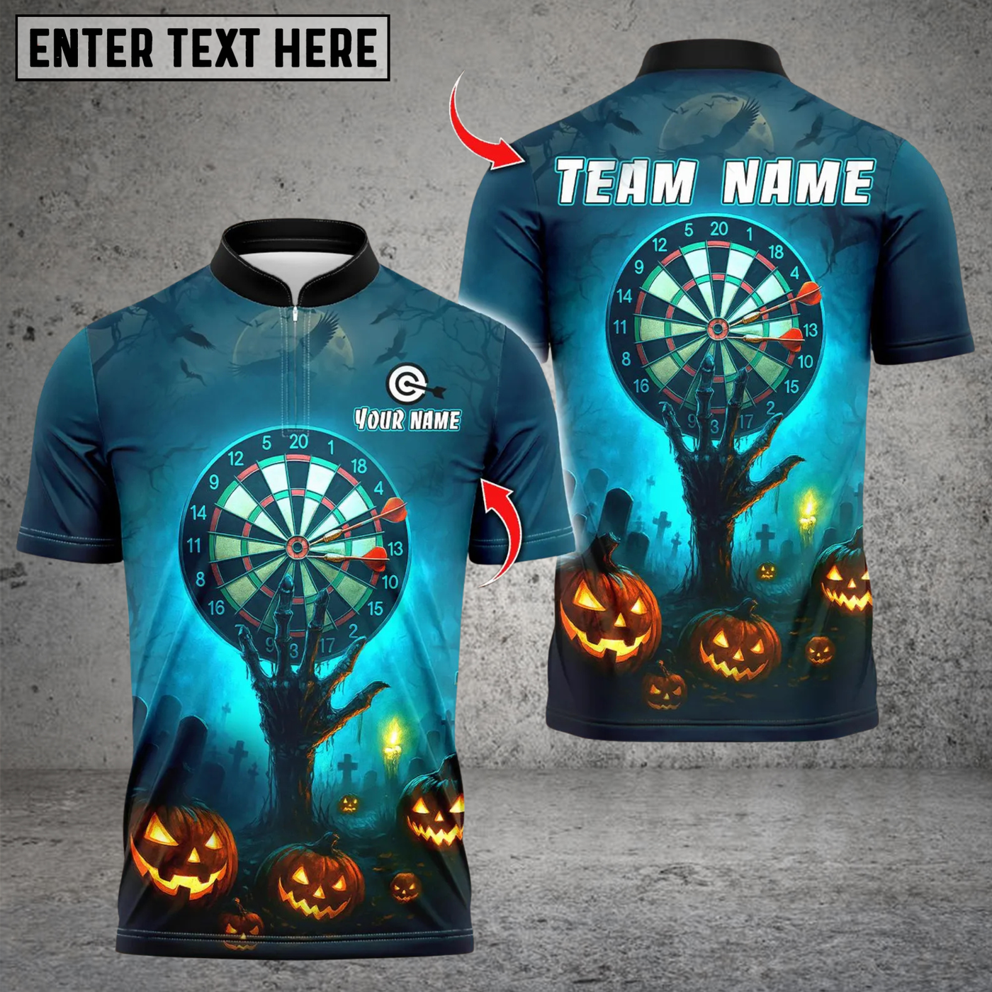 Blisscorners Personalized Name Dart Polo Shirt, Halloween Pumpkin Graveyard With Dartboard Design ,Custom Team Shirt for Men, Gift for Darts Players