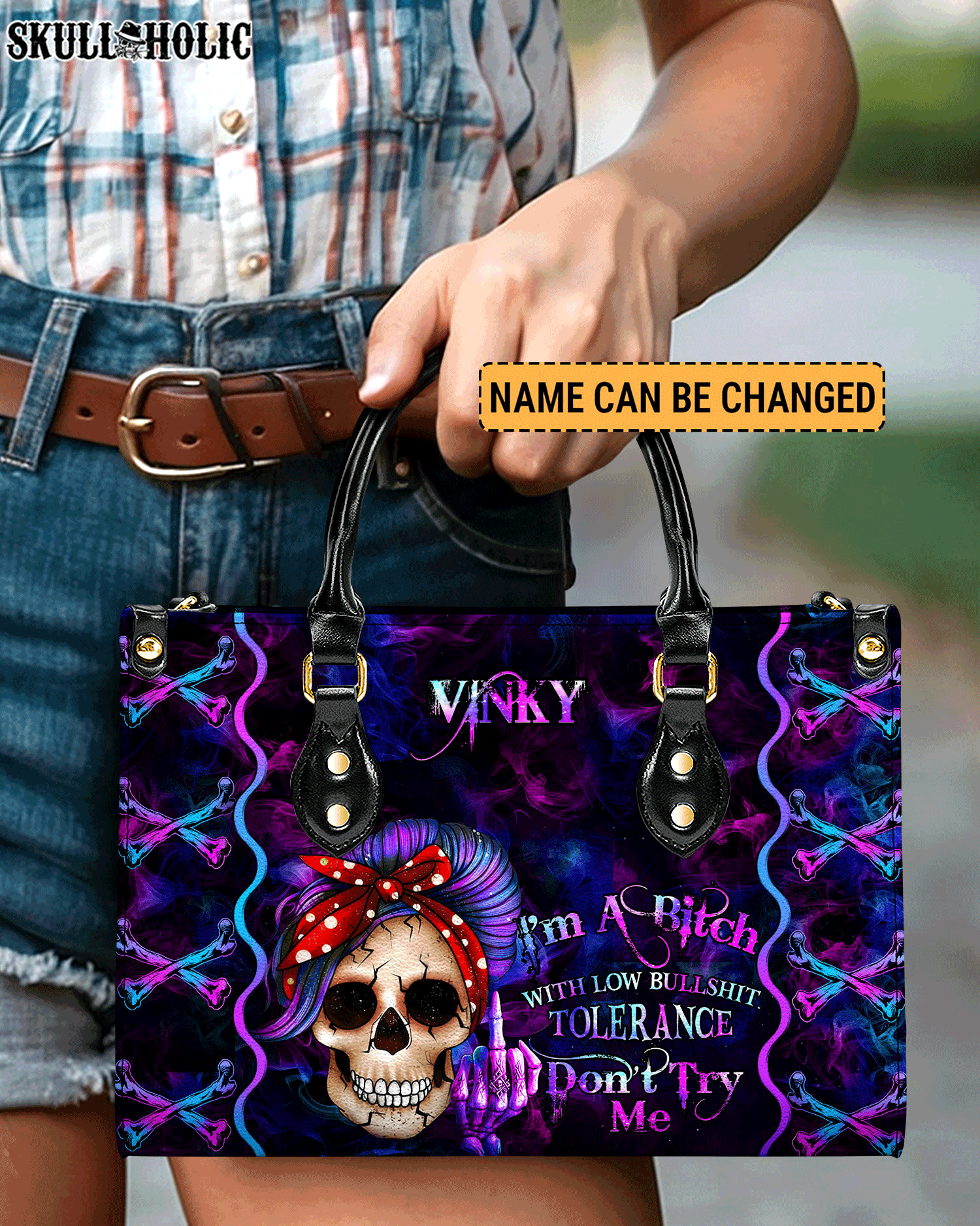 BLISSCORNERS I'M A B DON'T TRY ME LEATHER HANDBAG