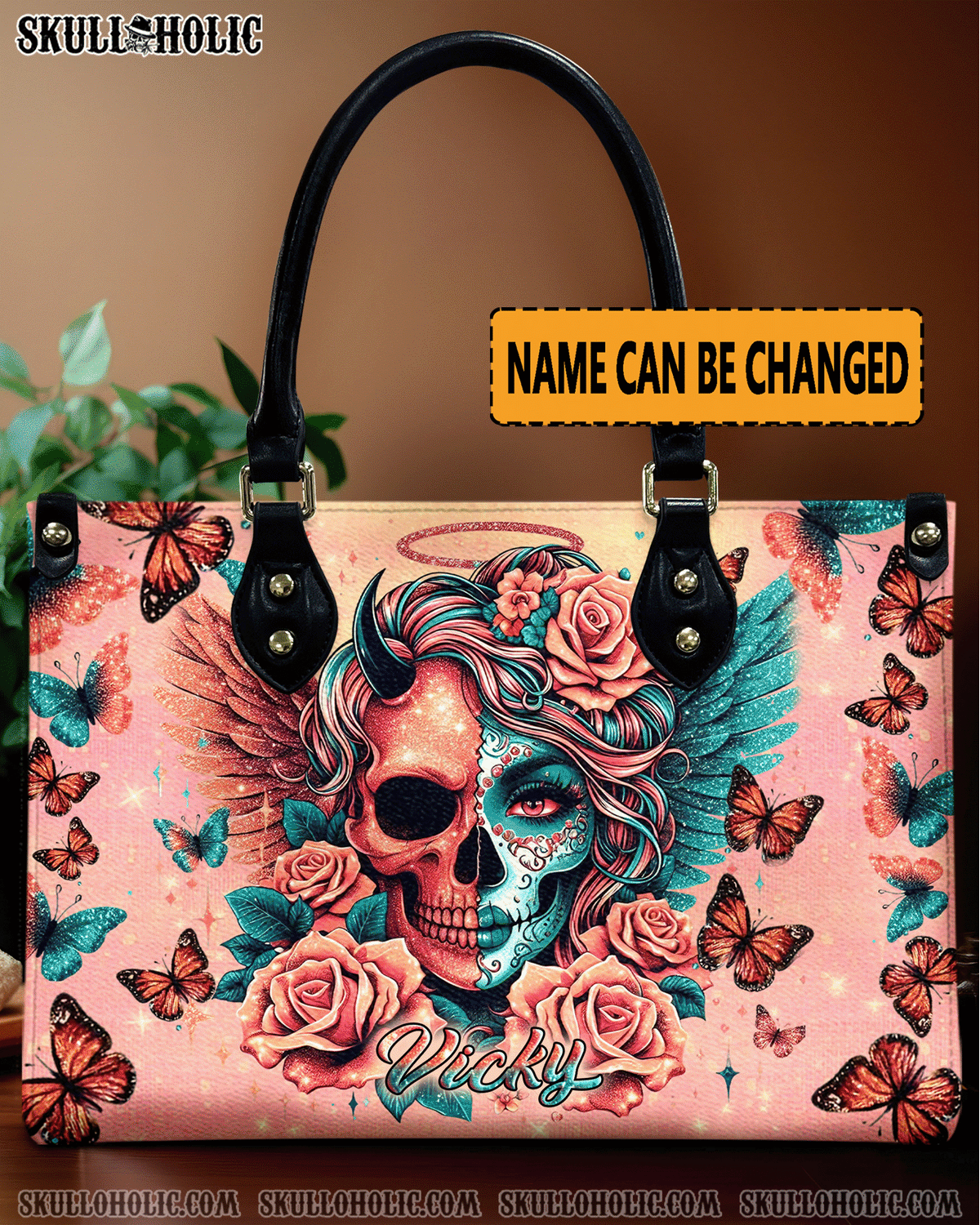 BLISSCORNERS SKULL LADY EVIL AND ANGEL LEATHER HANDBAG