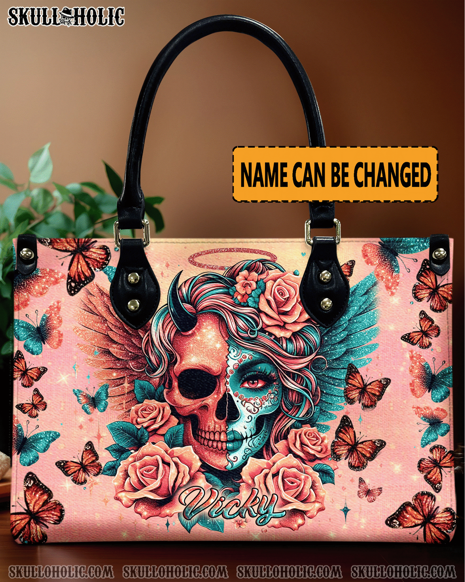 BLISSCORNERS SKULL LADY EVIL AND ANGEL LEATHER HANDBAG