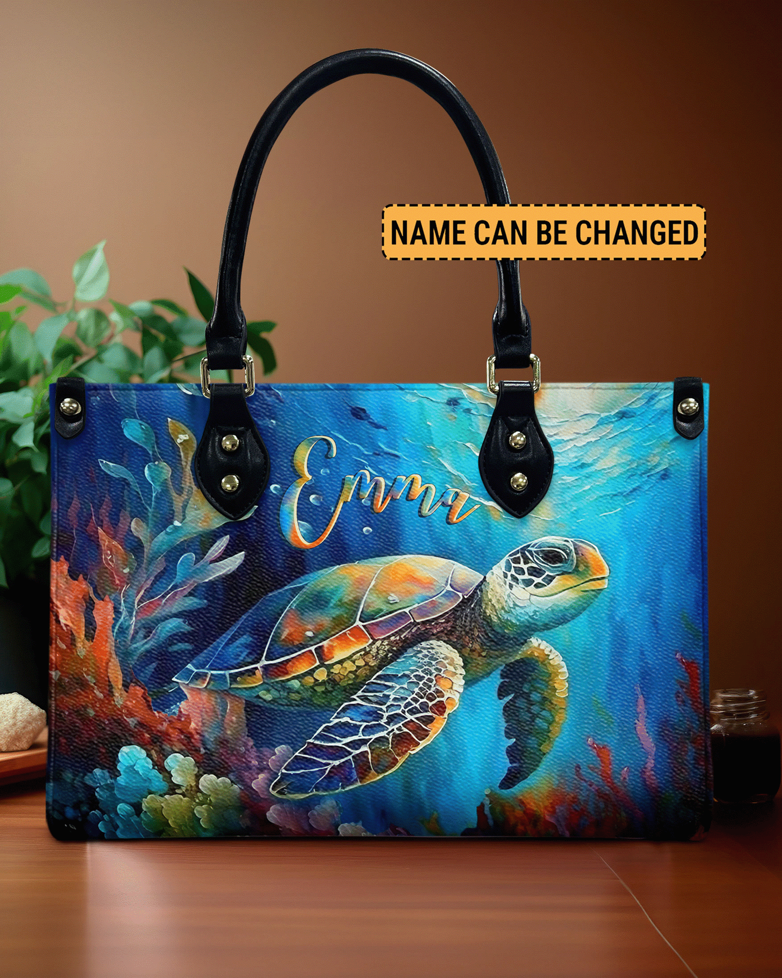 BLISSCORNERS PAINTING OCEAN TURTLE  LEATHER HANDBAG