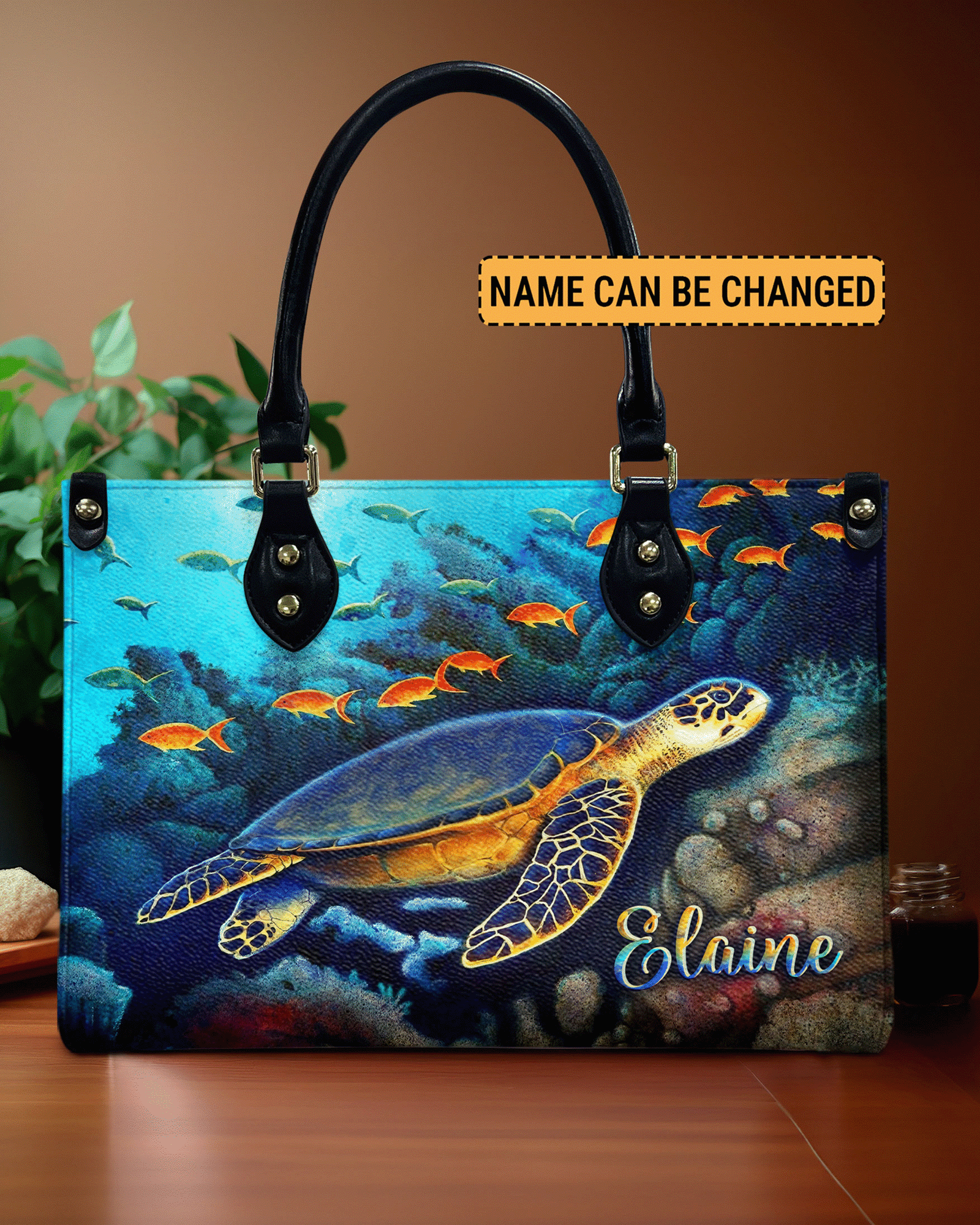 BLISSCORNERS PAINTING TURTLE OCEAN LEATHER HANDBAG