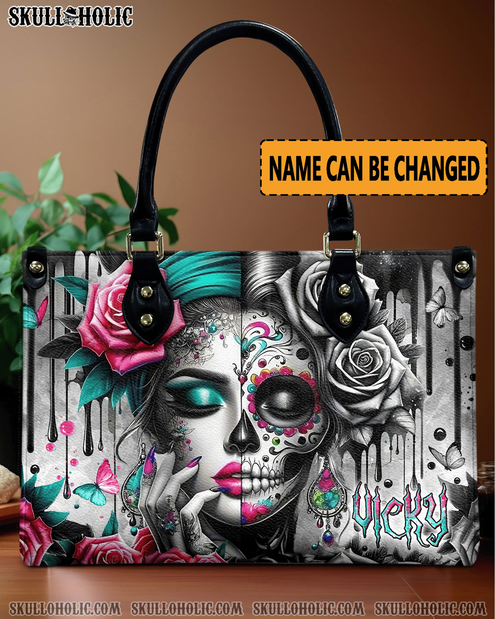 BLISSCORNERS SKULL LADY ROSES LEATHER HANDBAG