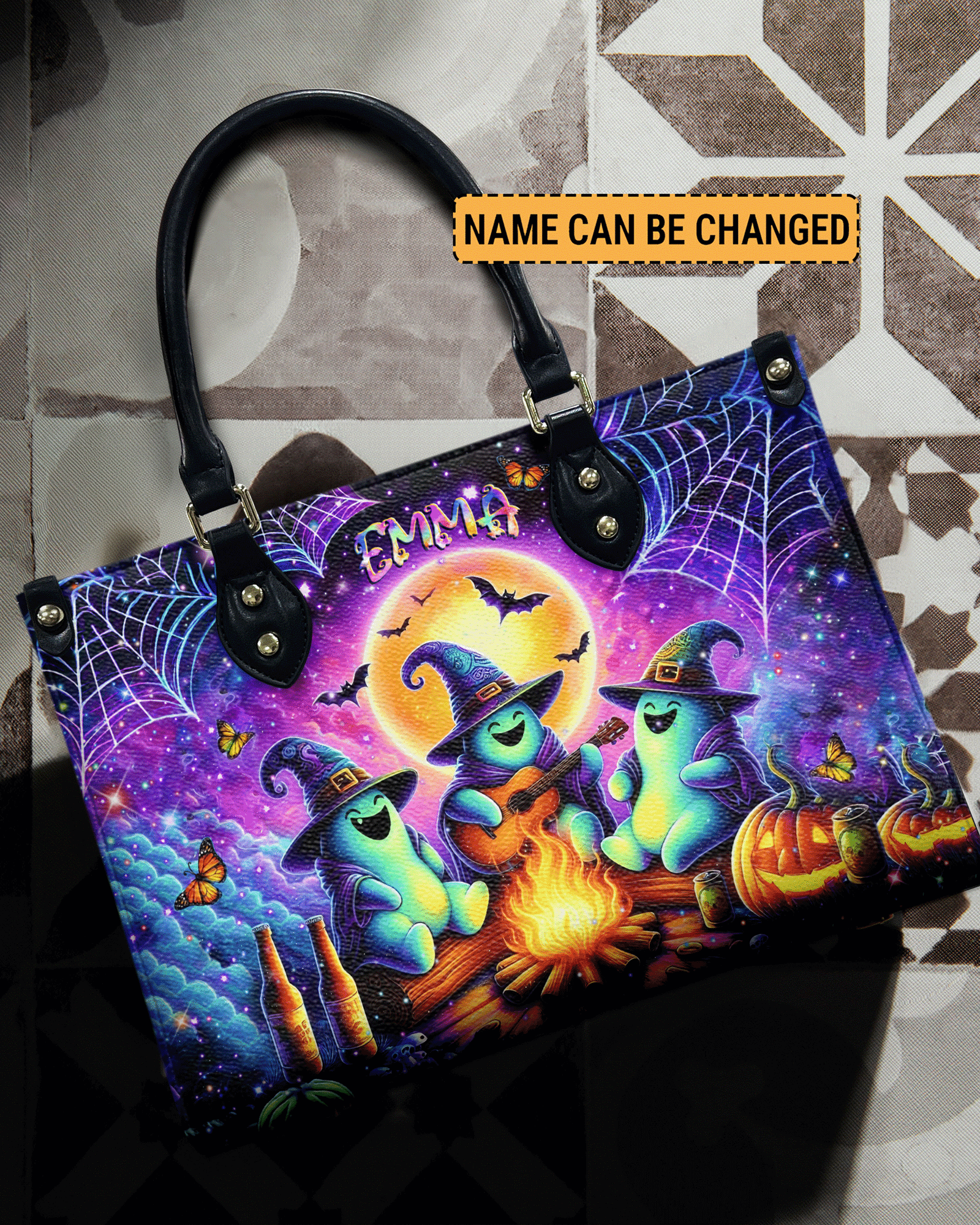 BLISSCORNERS CUTE GHOST CAMPING HALLOWEEN LEATHER HANDBAG