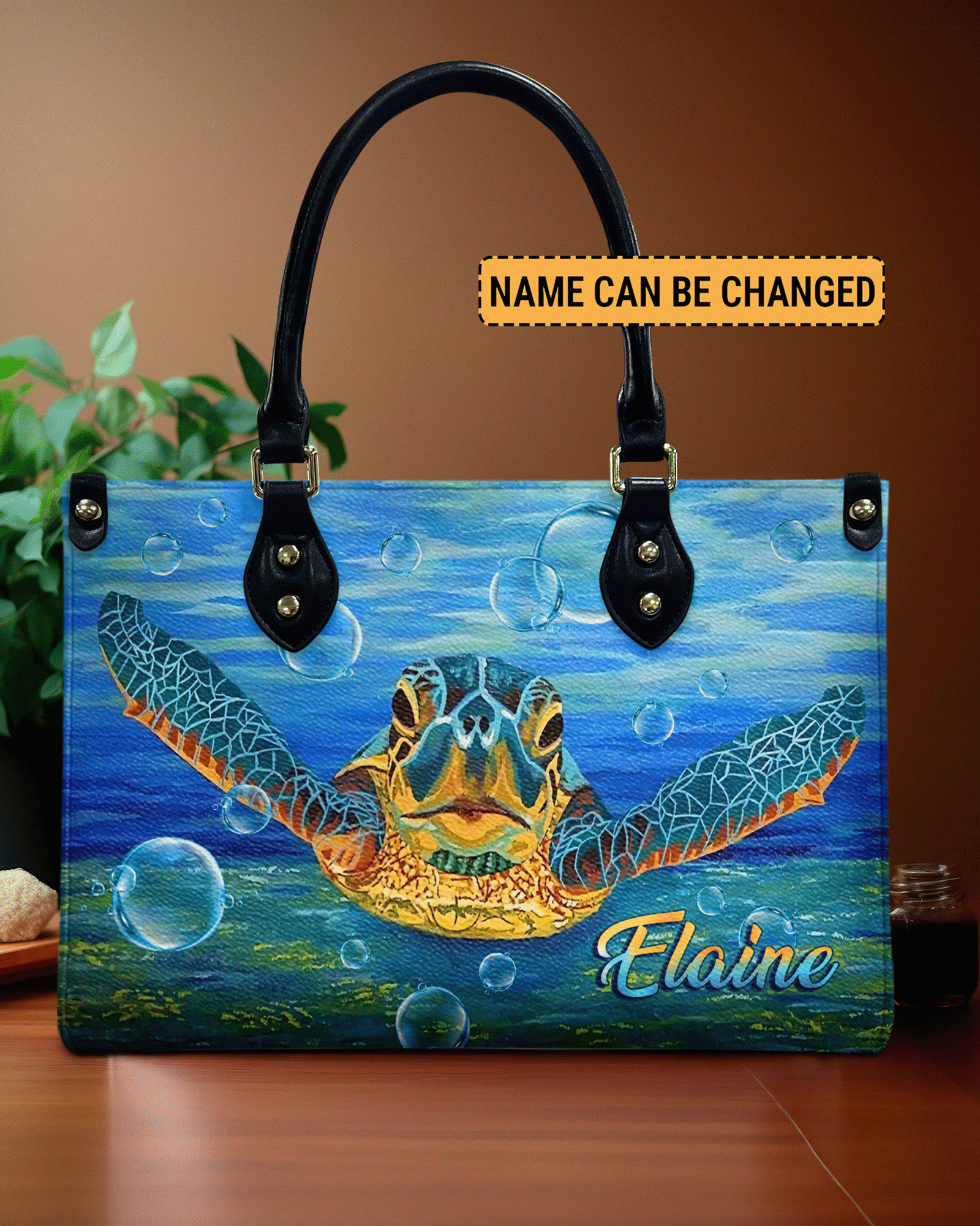 BLISSCORNERS PAINTING TURTLE LEATHER HANDBAG