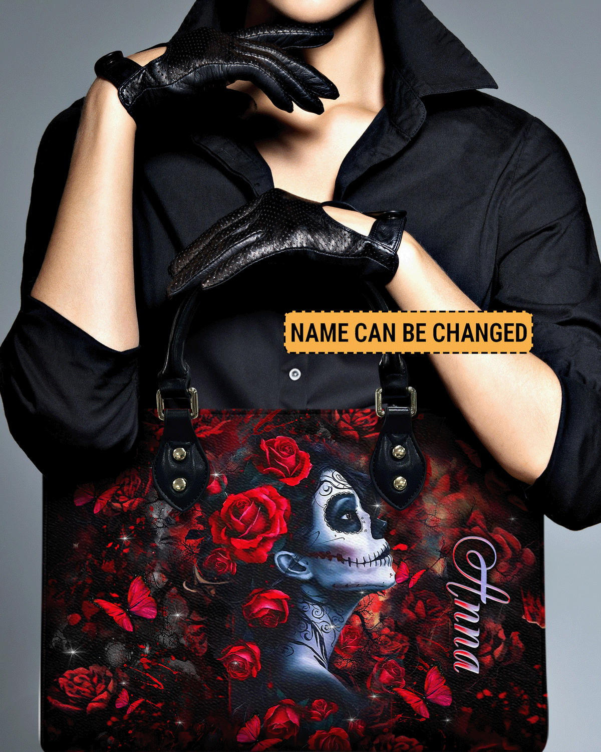 BLISSCORNERS SKULL LADY RED ROSE LEATHER HANDBAG