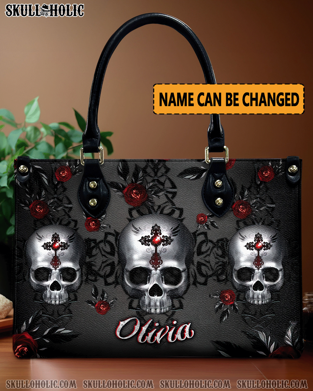 BLISSCORNERS DARK SKULL ROSE LEATHER HANDBAG