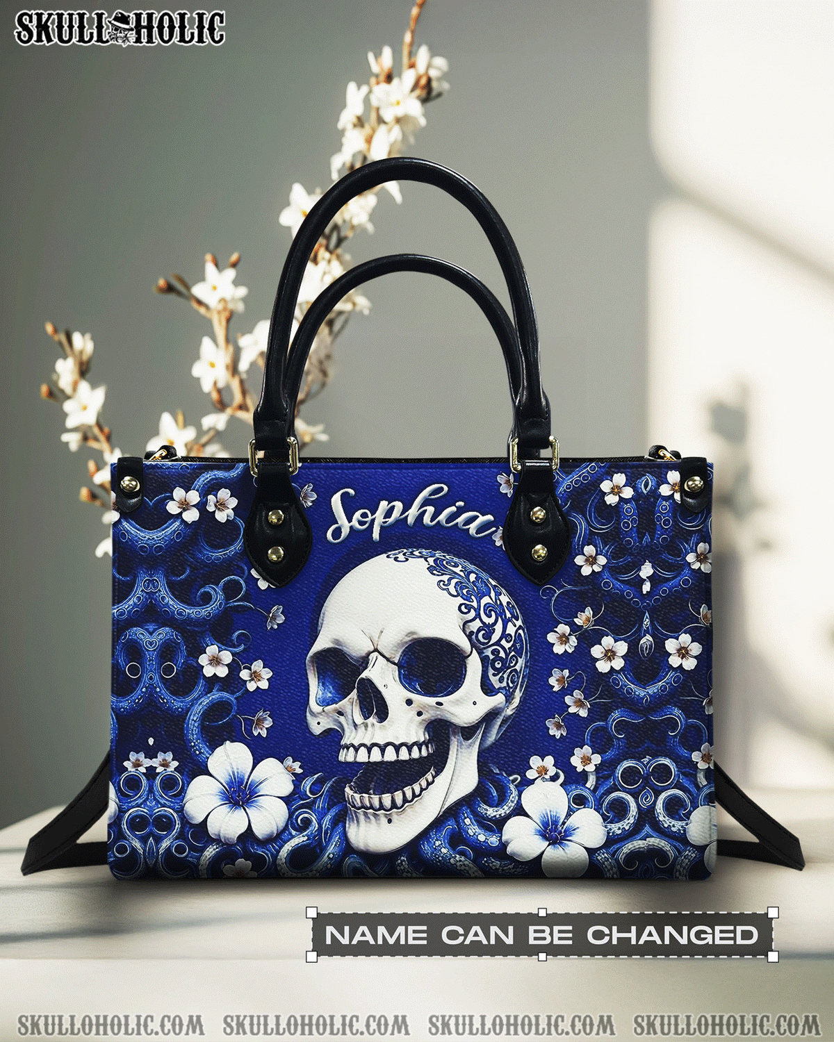 BLISSCORNERS SKULL FLOWERS LEATHER HANDBAG