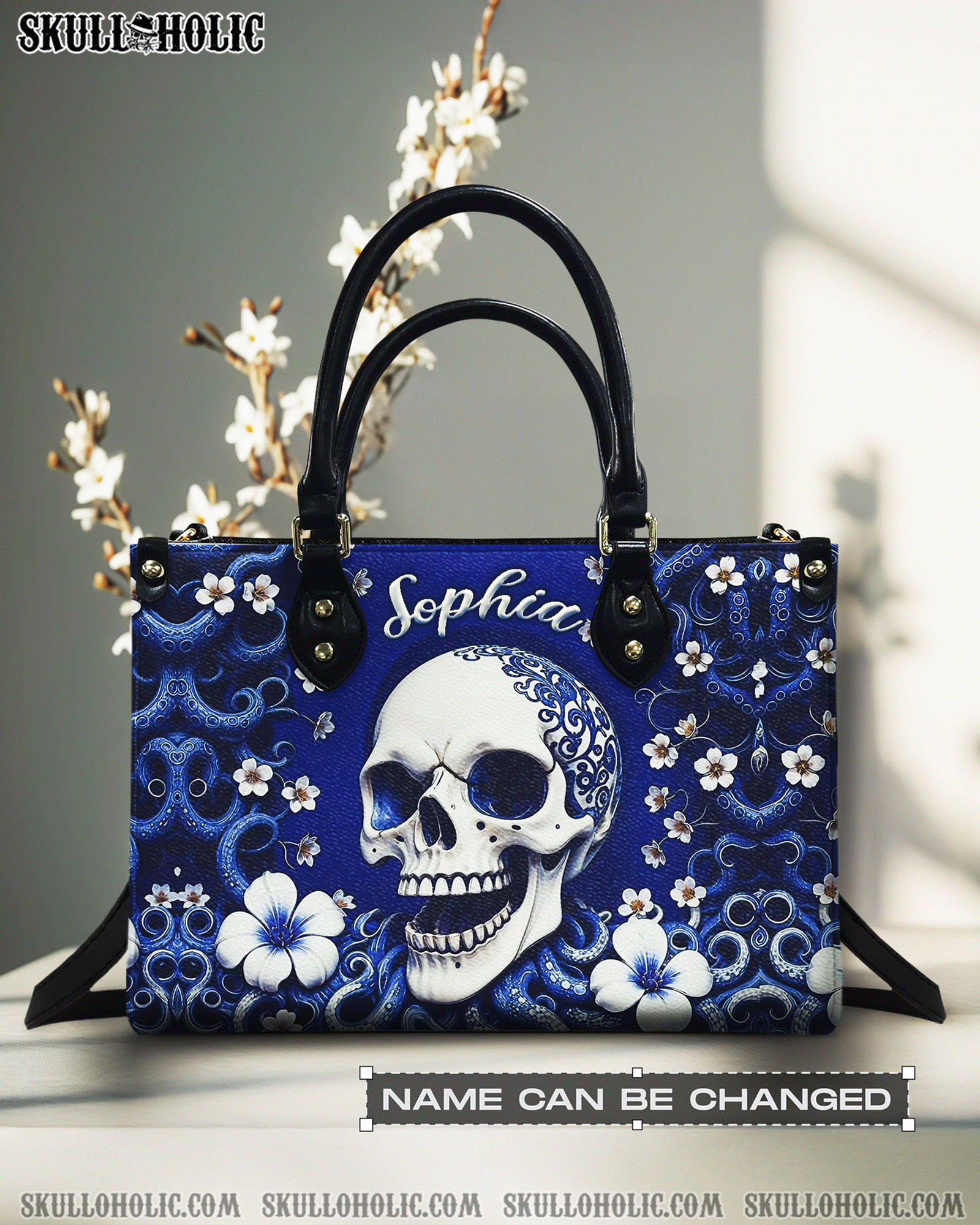 BLISSCORNERS SKULL FLOWERS LEATHER HANDBAG