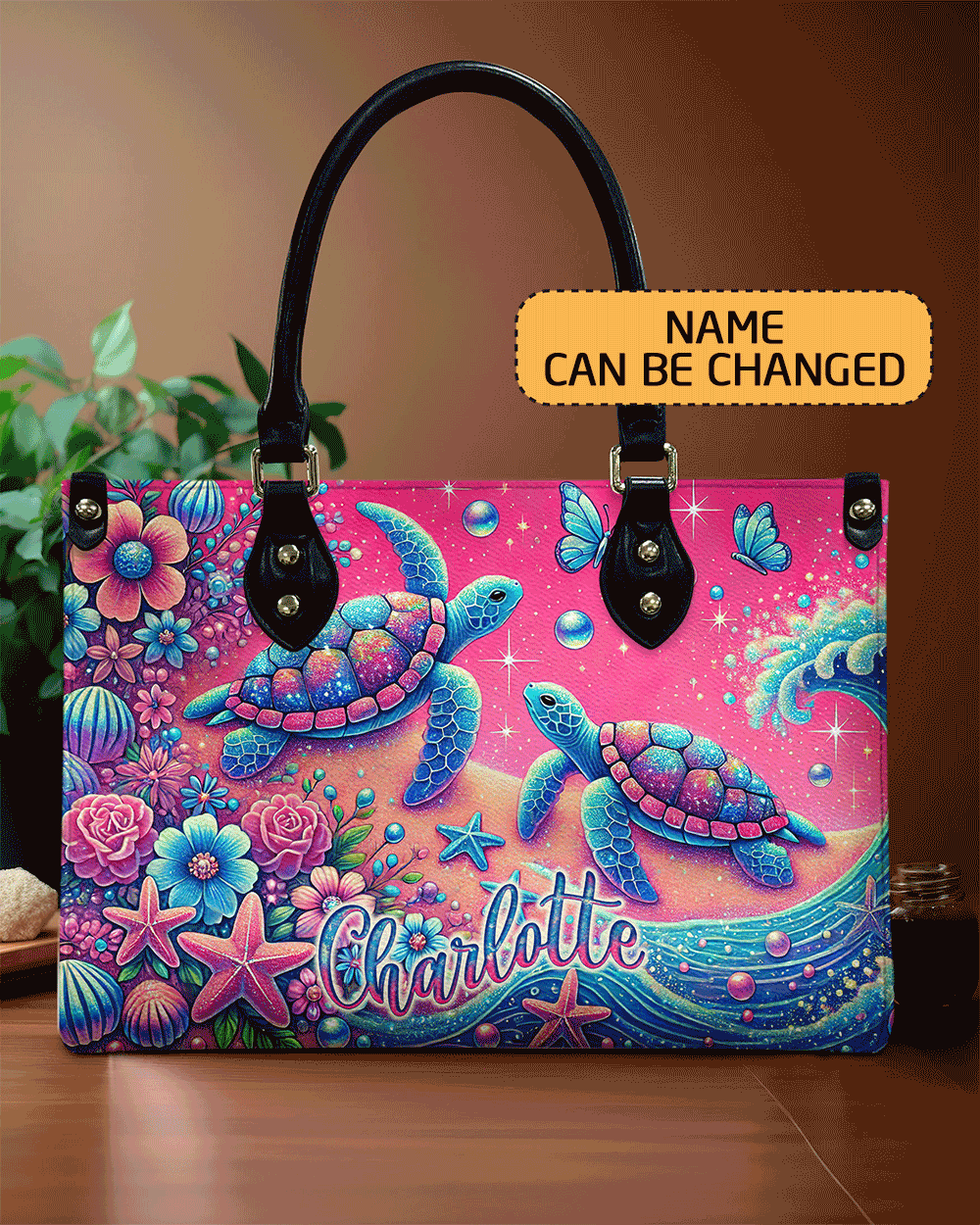 BLISSCORNERS TURTLE ON BEACH LEATHER HANDBAG