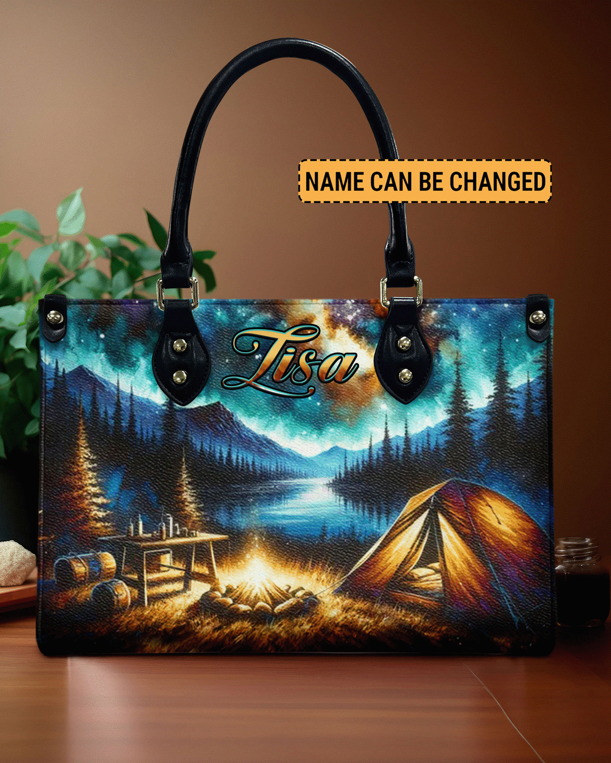 BLISSCORNERS CAMPING SCENE UNDER STARRY NIGHT SKY LEATHER HANDBAG