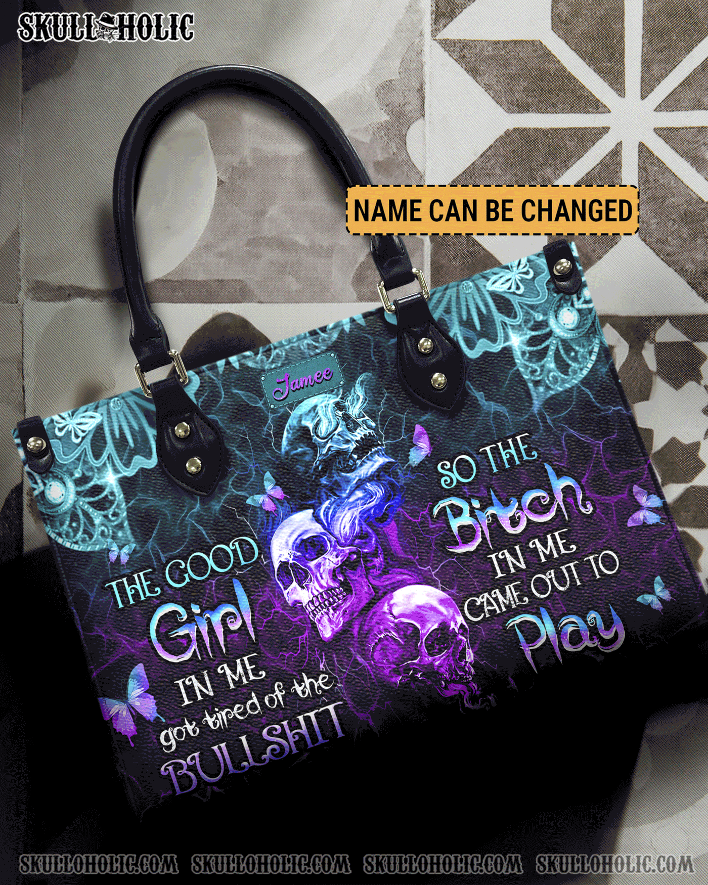 BLISSCORNERS THE GOOD GIRL IN ME GOT TIRED SKULL ROSE LEATHER HANDBAG
