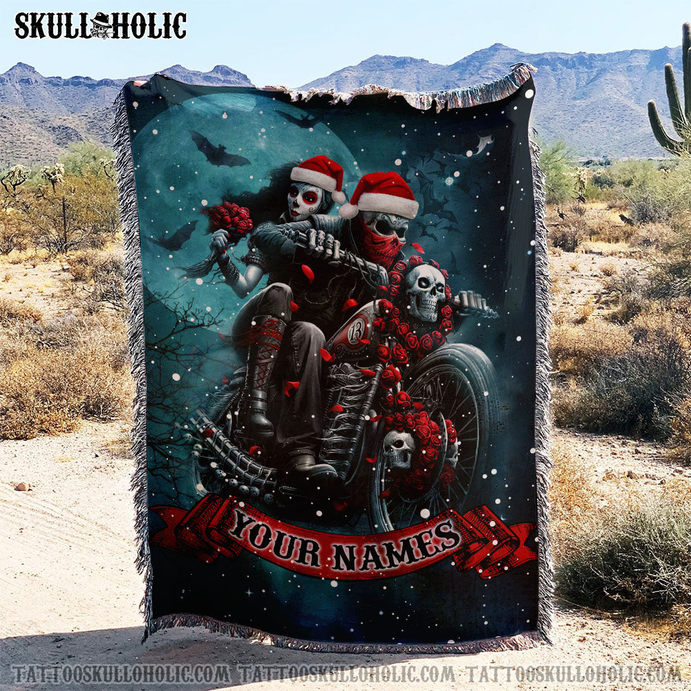 BLISSCORNERS PERSONALIZED SKULL BIKER COUPLE WOVEN & FLEECE BLANKET