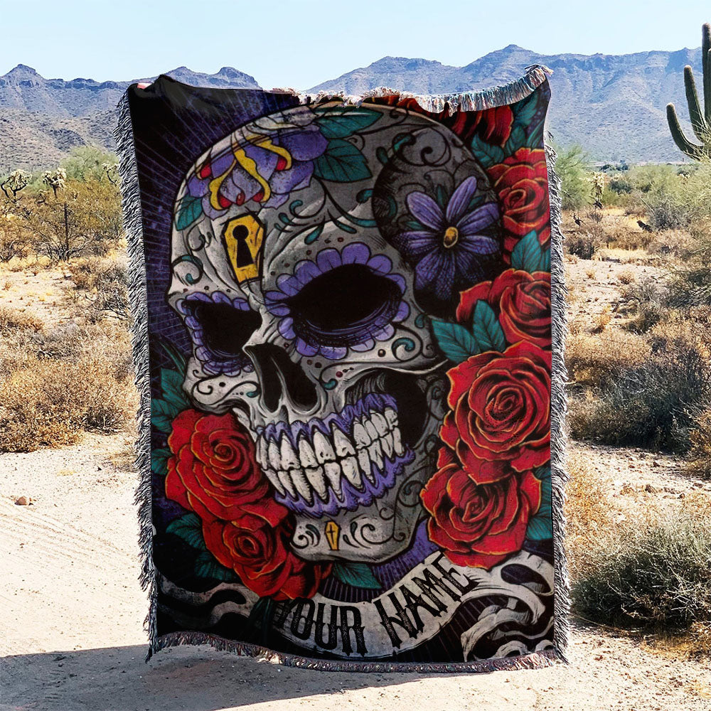 BLISSCORNERS PERSONALIZED SUGAR SKULL ROSE BANNER WOVEN & FLEECE BLANKET