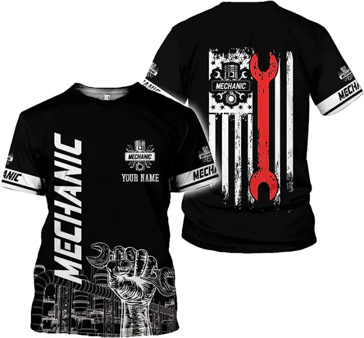 Blisscorners Personalized Mechanic T-Shirt, Wrench & American Flag Design, Perfect Gift for Mechanics, Unique Mechanic Apparel