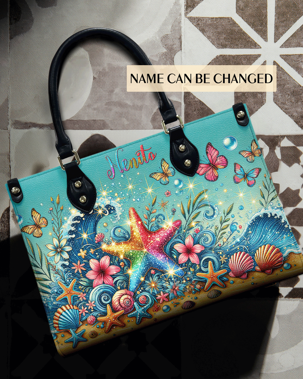 BLISSCORNERS STARFISH FLORAL WAVES LEATHER HANDBAG