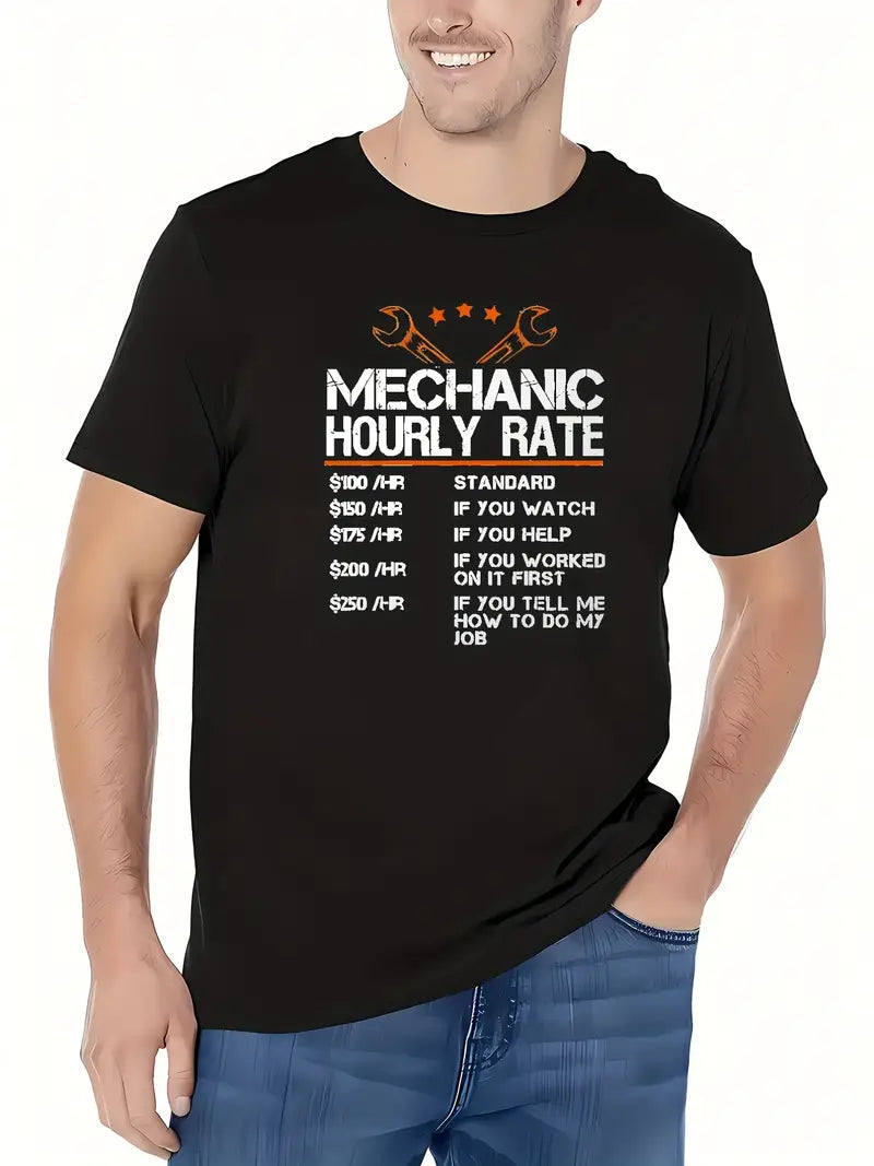 Blisscorners Funny Mechanic Hourly Rate Print T-Shirt, Gift for Mechanic Fathers, Tops As Gifts, T-shirt For Summer