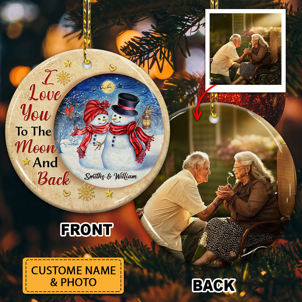 Blisscorners I Love You To The Moon And Back, Snowman - Custom Photo And Names- Personalized 2 Sides Ceramic Ornament - Gift For Family, Memorial Gift2D Flat LM2111
