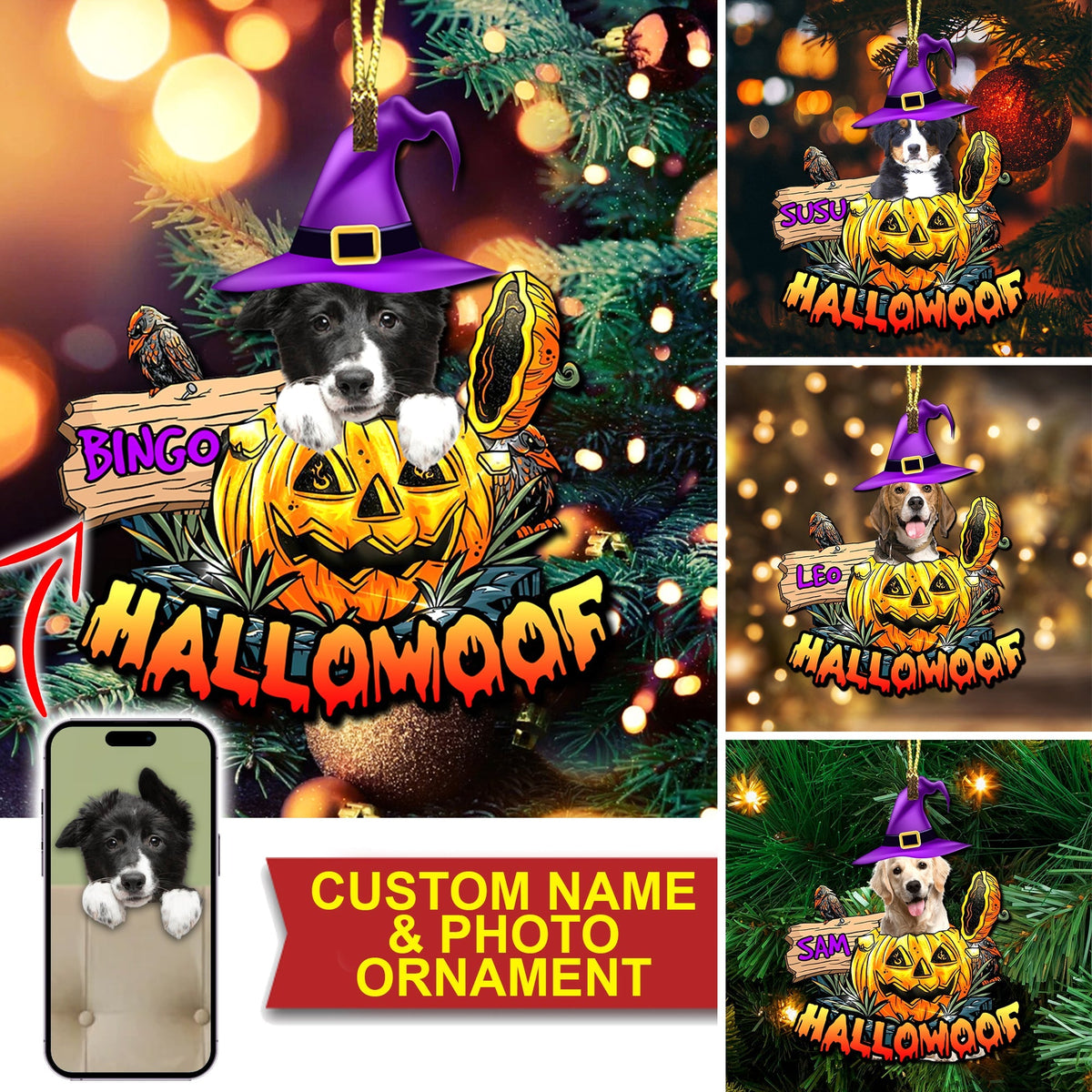 Blisscorners Hallowoof - Custom Photo And Name, Personalized Acrylic Ornament - Halloween Gift For Pet Lover2D Flat LM2111