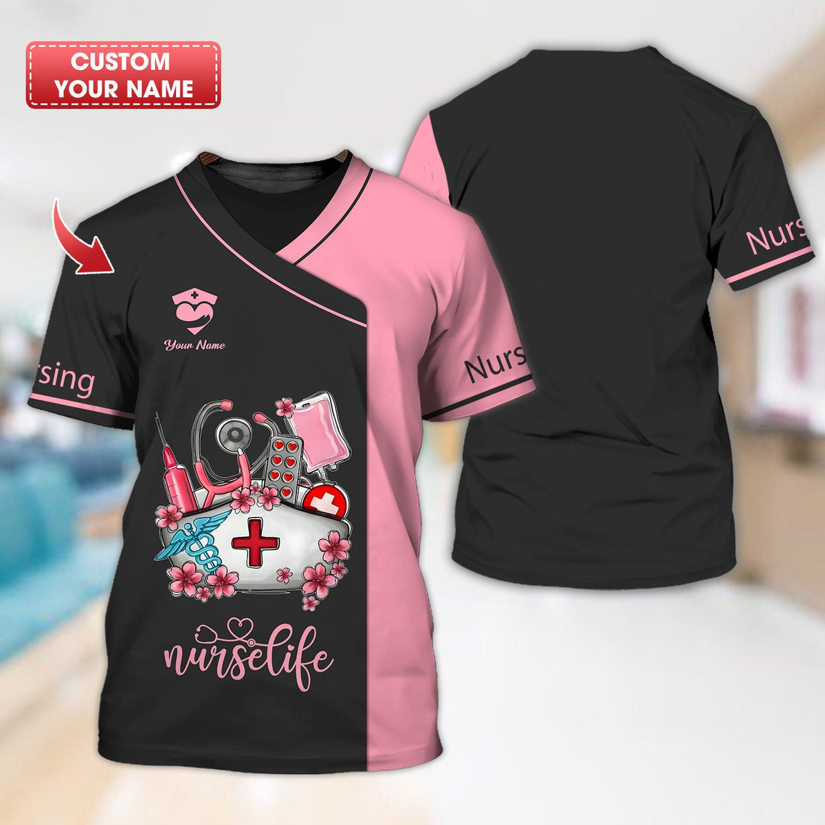 Blisscorners Personalized Nurse Shirt, 'Nurse Life' with Medical Motif in Pink and Black