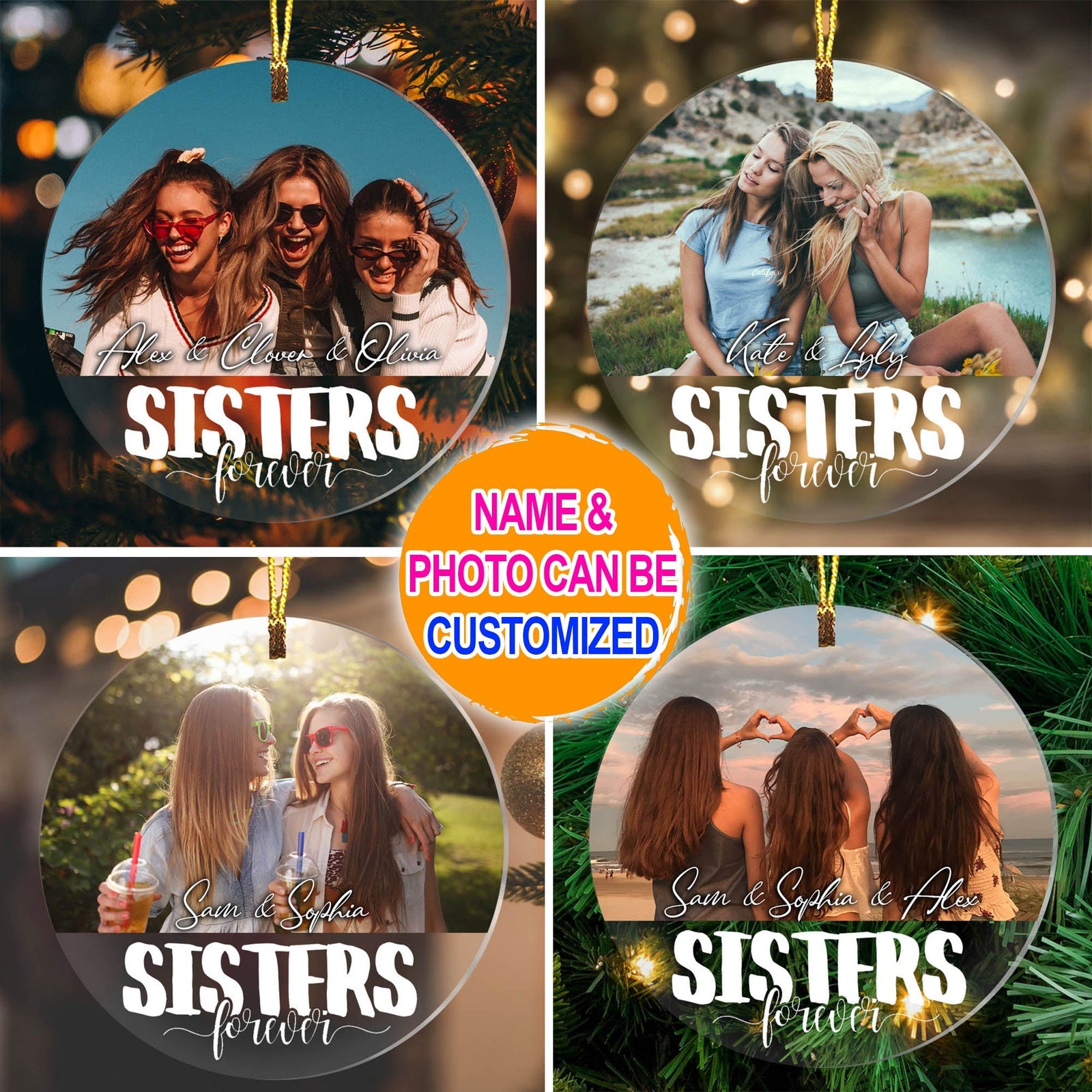 Blisscorners Sisters Forever - Custom Photo And Name, Personalized Acrylic Ornament - Besties Gift2D Flat LM2111