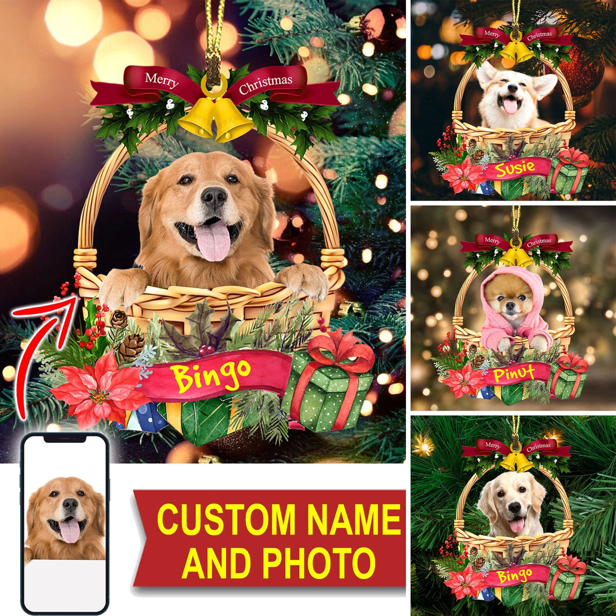 Blisscorners Merry Christmas Cute Pet Photo  - Custom Photo And Name, Personalized Acrylic Ornament - Gift For Pet Lover2D Flat LM2111