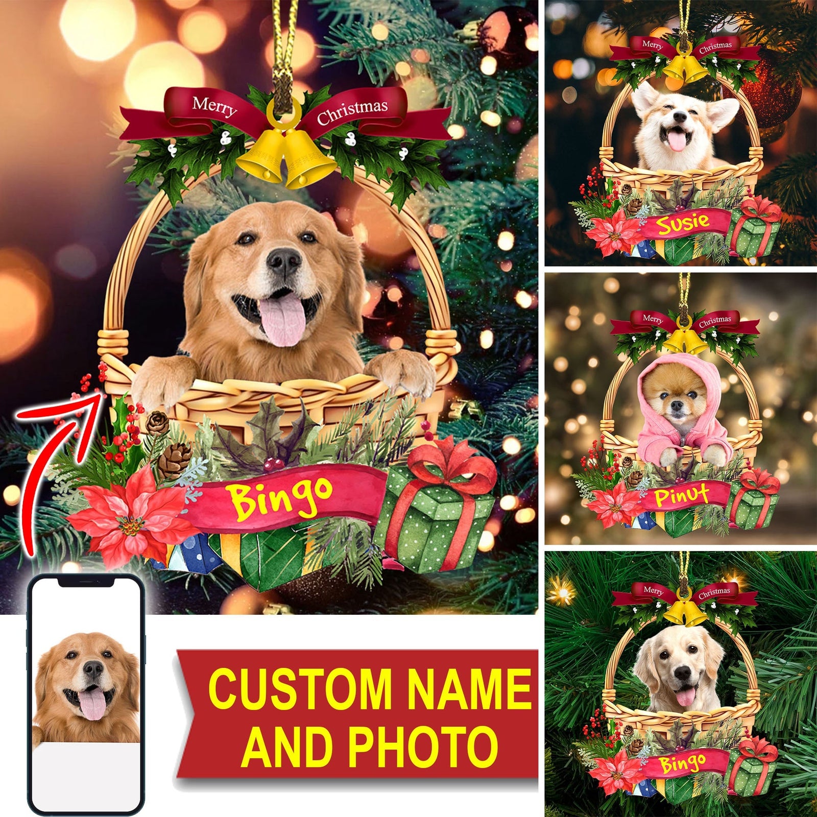 Blisscorners Merry Christmas Cute Pet Photo  - Custom Photo And Name, Personalized Acrylic Ornament - Gift For Pet Lover2D Flat LM2111