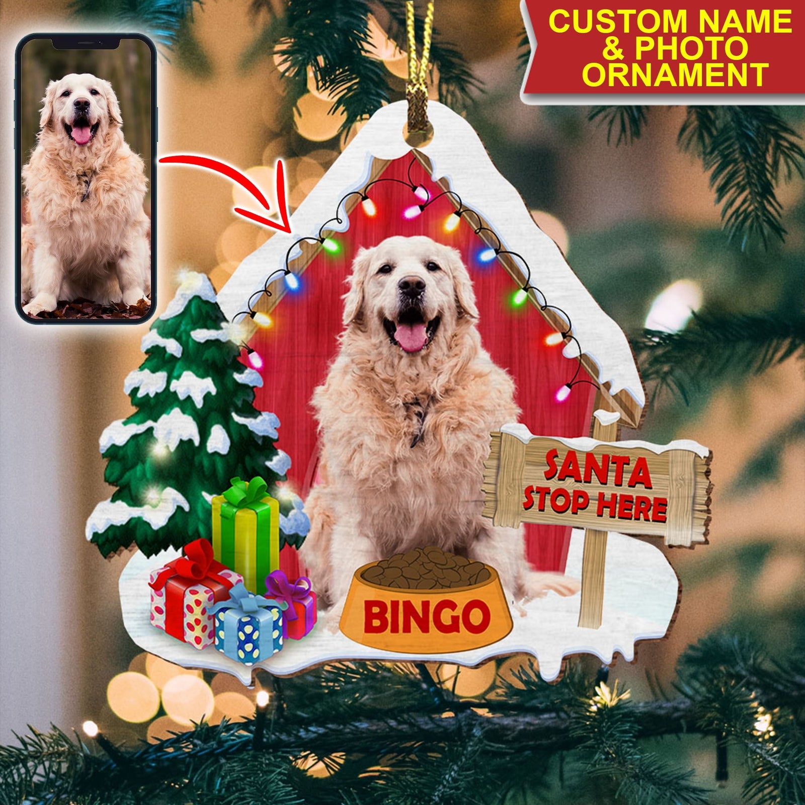 Blisscorners Pet Christmas House - Custom Photo And Name - Personalized Custom Shaped Wooden Ornament, Christmas Gift2D Flat LM2111