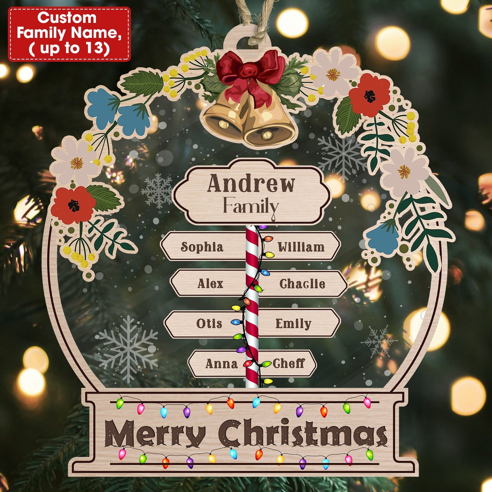 Blisscorners Family Name Signboard With Snow - Personalized 2-Layered Wooden & Acrylic Ornament - Gift For Family, Christmas Gift2D Flat LM2111