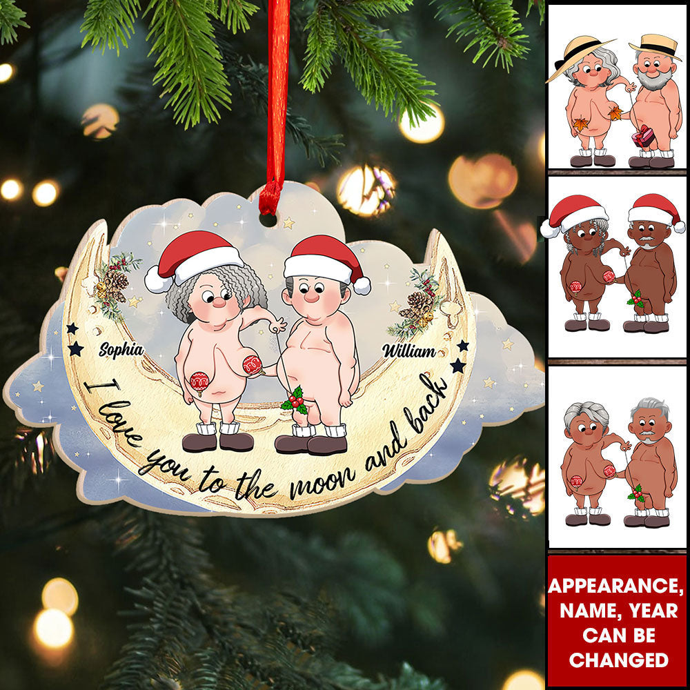 Blisscorners I Love You To The Moon And Back, Funny Couple - Personalized Custom Shaped Wooden Ornament - Gift For Family, Couple Gift2D Flat LM2111