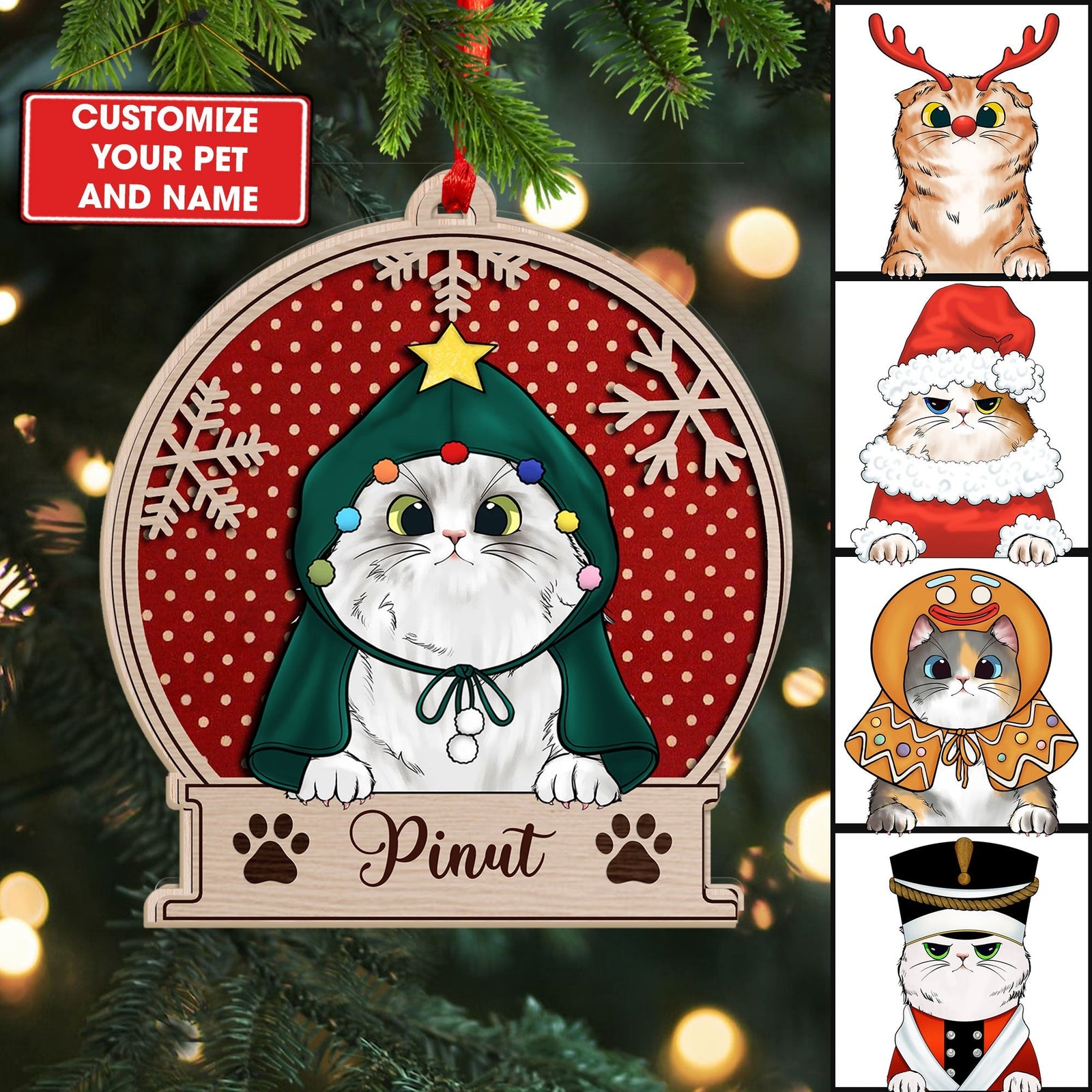 Blisscorners Cutie Cat With Costume - Christmas Gift For Cat Lovers - Personalized Custom Shaped Wooden Ornament2D Flat LM2111