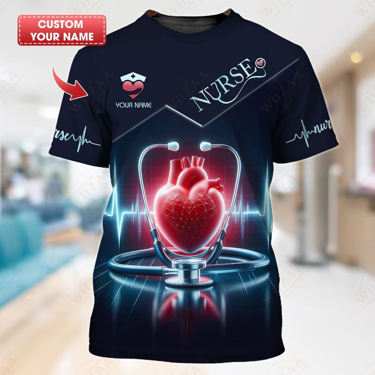 Blisscorners Personalized Nurse Shirt - Heartbeat & Stethoscope Graphic | Comfort Fit Medical Tee