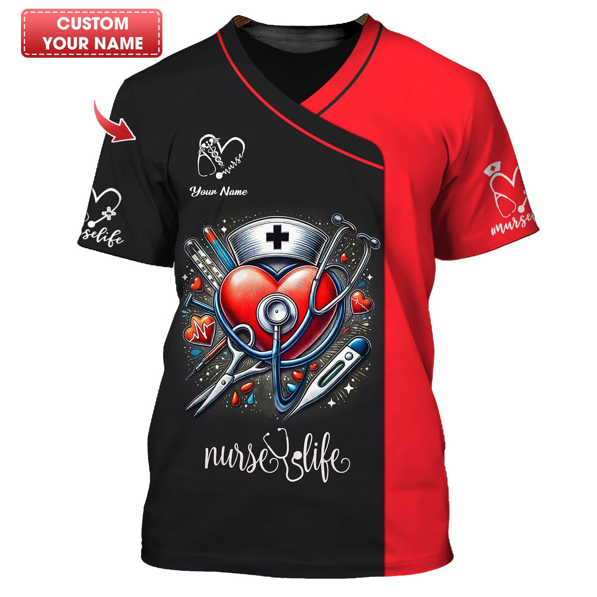 Blisscorners 3D Full Print Heart With Nursing Tools T-Shirts Personalized Name Gift For Nurse Lovers