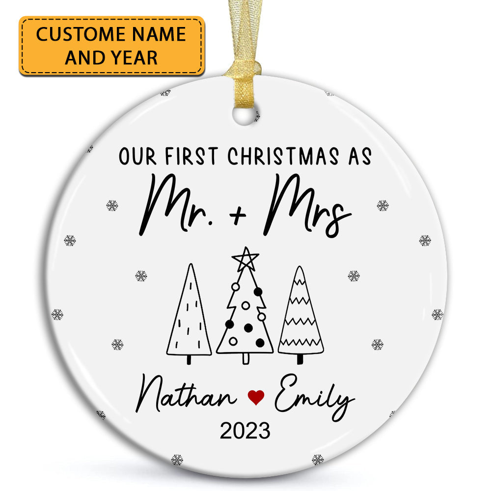 Blisscorners Our First Christmas As Mr &amp; Mrs - Personalized Ceramic Ornament - Gift For Christmas, Family Gift2D Flat LM2111