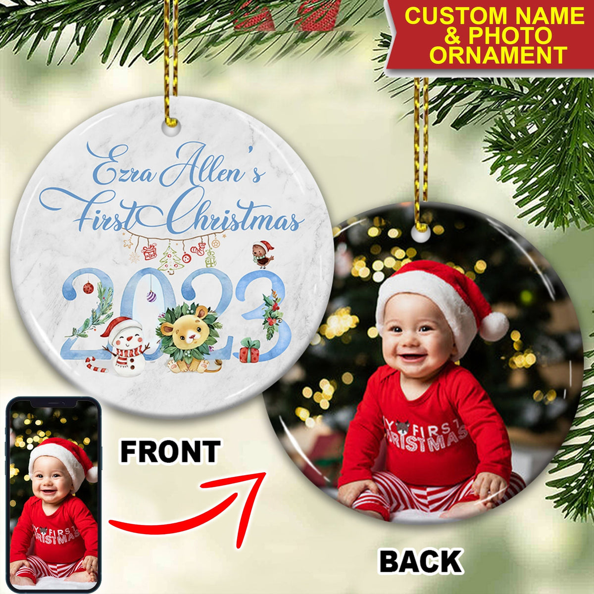 Blisscorners Baby First Christmas - Custom Photo And Name- Personalized 2 Sides Ceramic Ornament - Gift For Family, Christmas Gift2D Flat LM2111